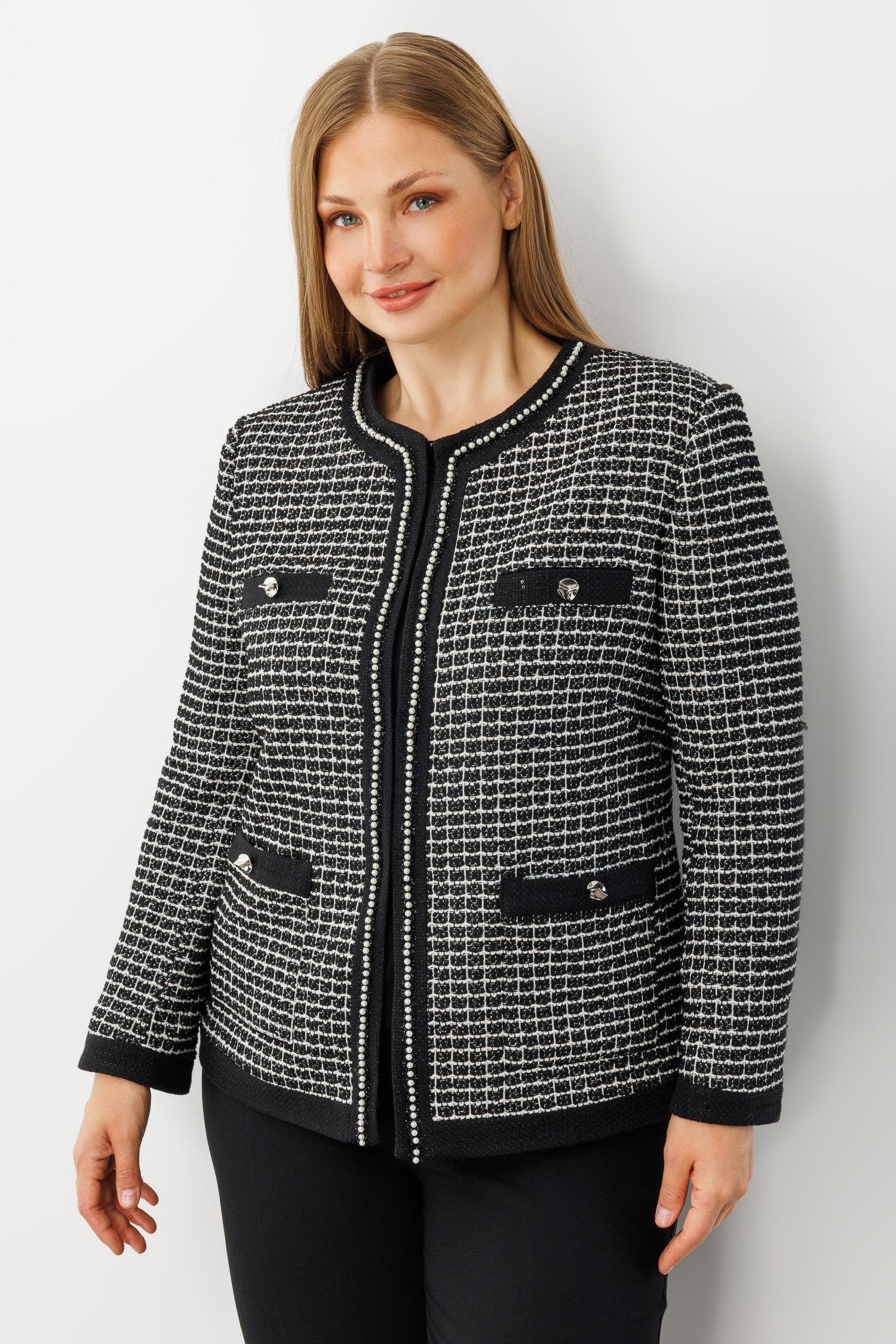 Modailgi  Sıfır Yaka İnci Akseuar Detaylı Twit Ceket SİYAH-BEYAZ