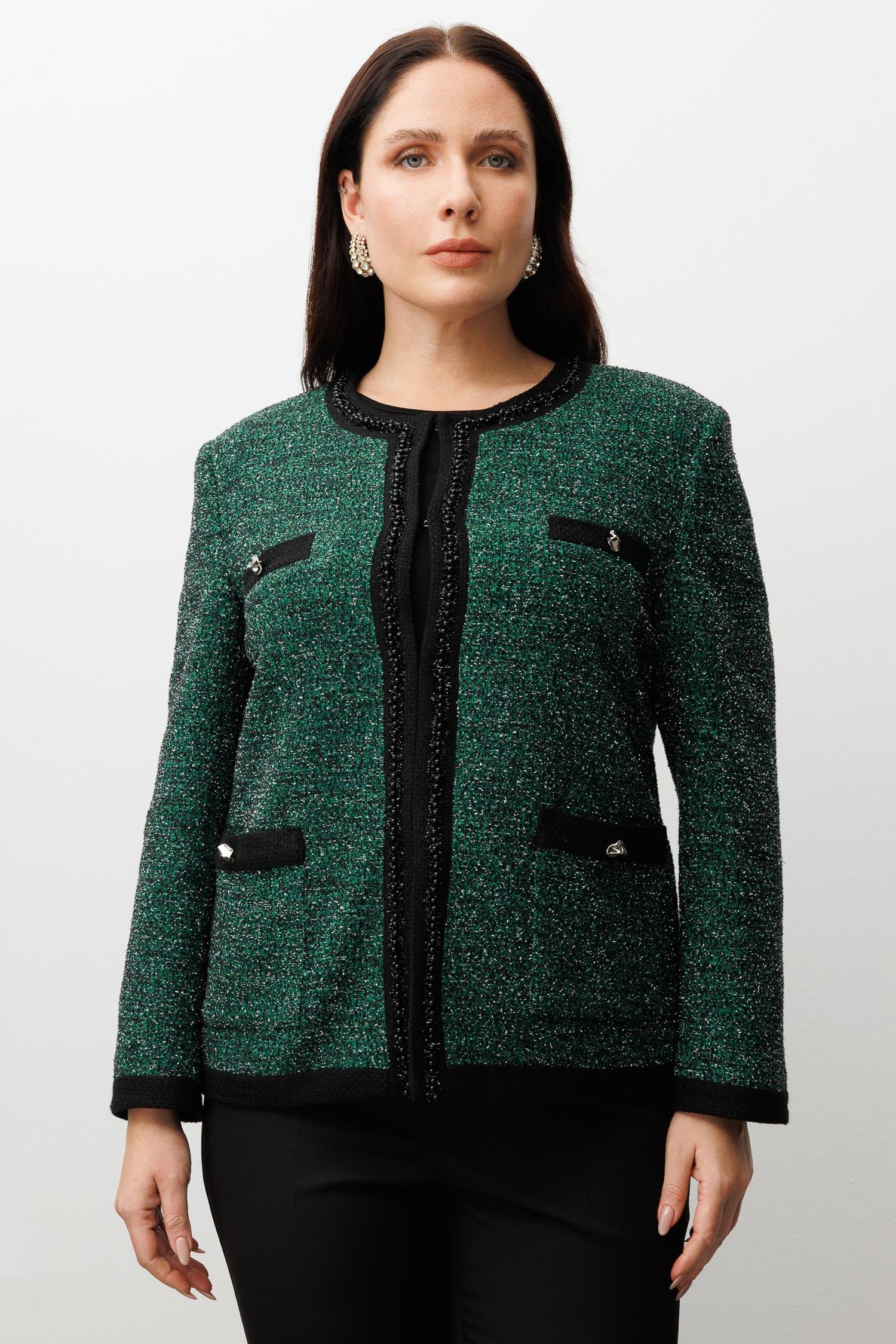 Modailgi  Sıfır Yaka İnci Akseuar Detaylı Twit Ceket SİYAH-YEŞİL