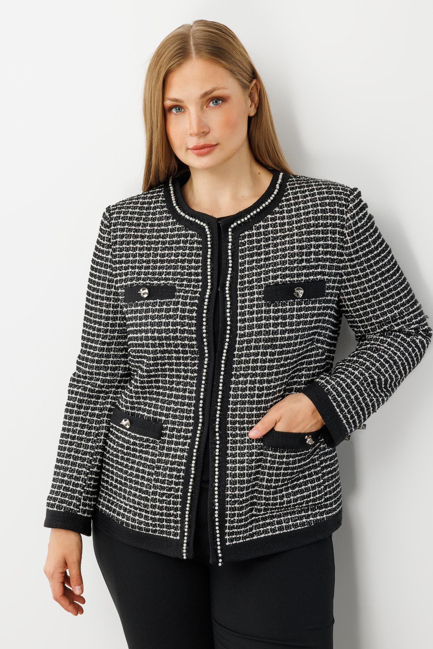 Modailgi  Sıfır Yaka İnci Akseuar Detaylı Twit Ceket SİYAH-BEYAZ