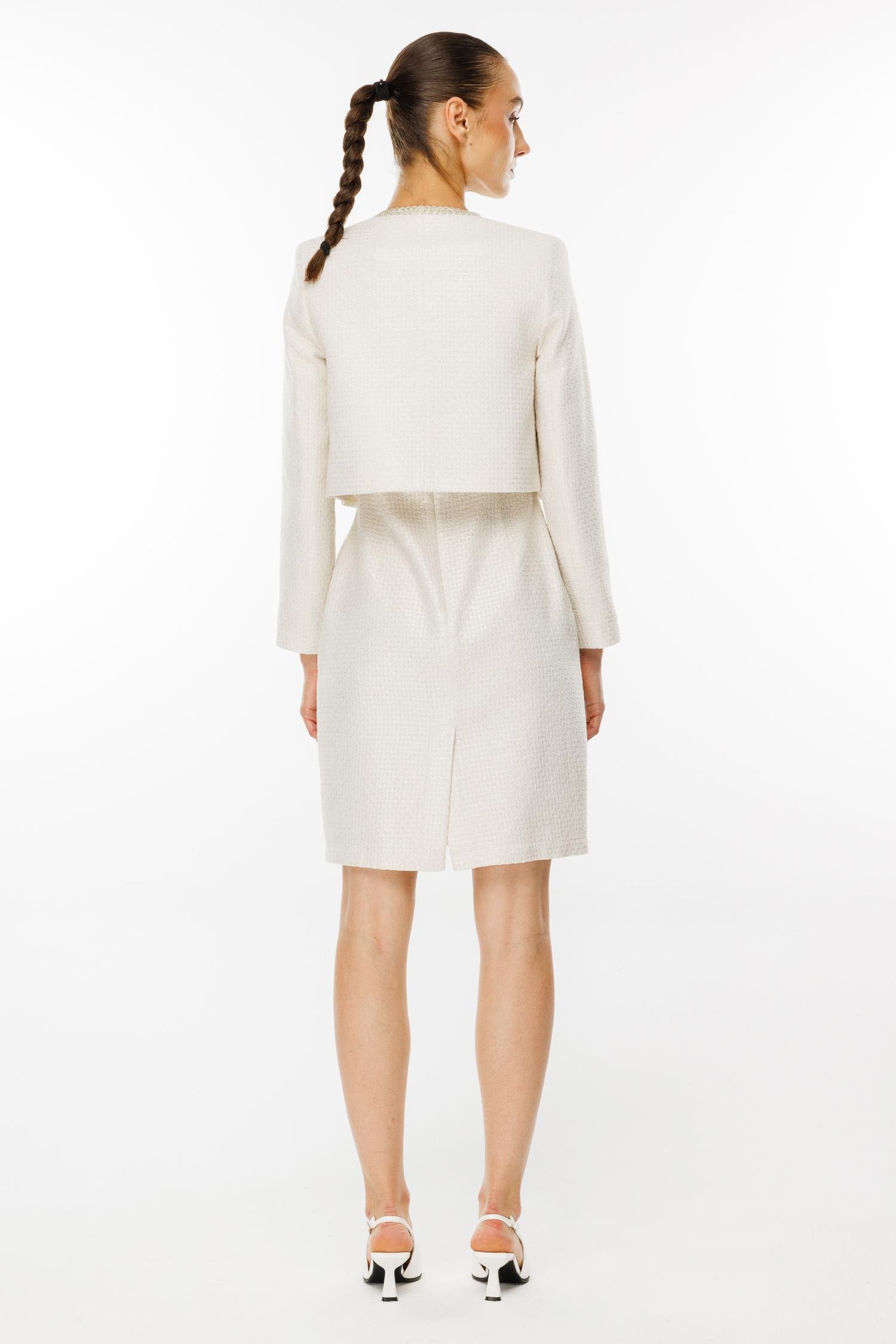 Modailgi  Sıfır Yaka Kısa Ceket ve Kolsuz Kare Yaka Elbise Takım Ekru