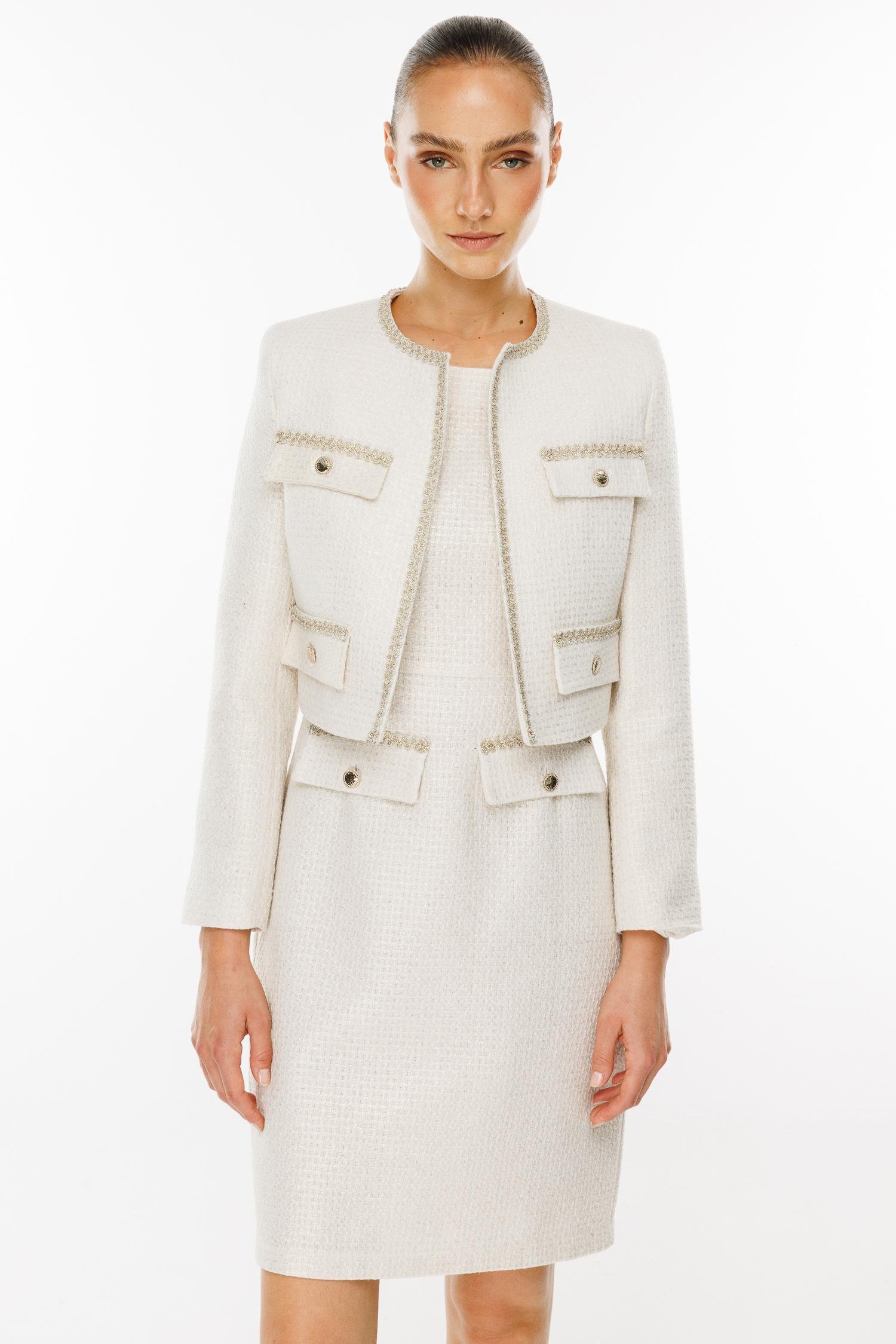 Modailgi  Sıfır Yaka Kısa Ceket ve Kolsuz Kare Yaka Elbise Takım Ekru