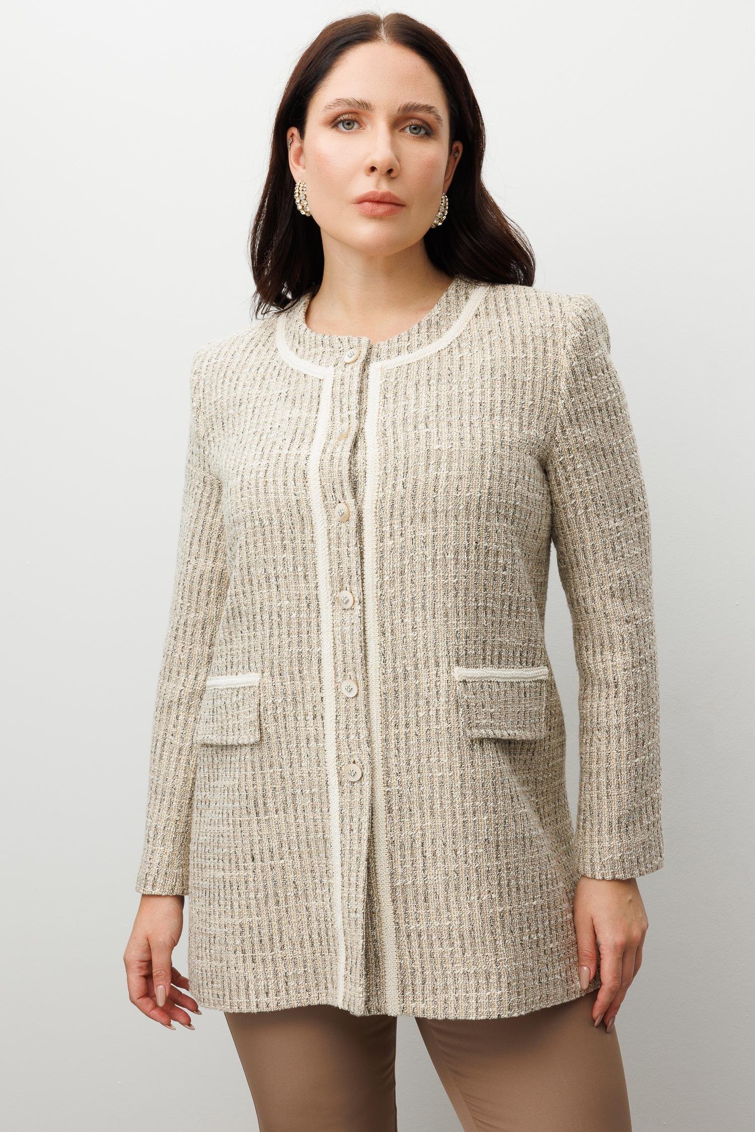 Modailgi  Sıfır Yakalı Düğme Kapamalı Şerit Detaylı Astarlı Uzun Ceket Bej