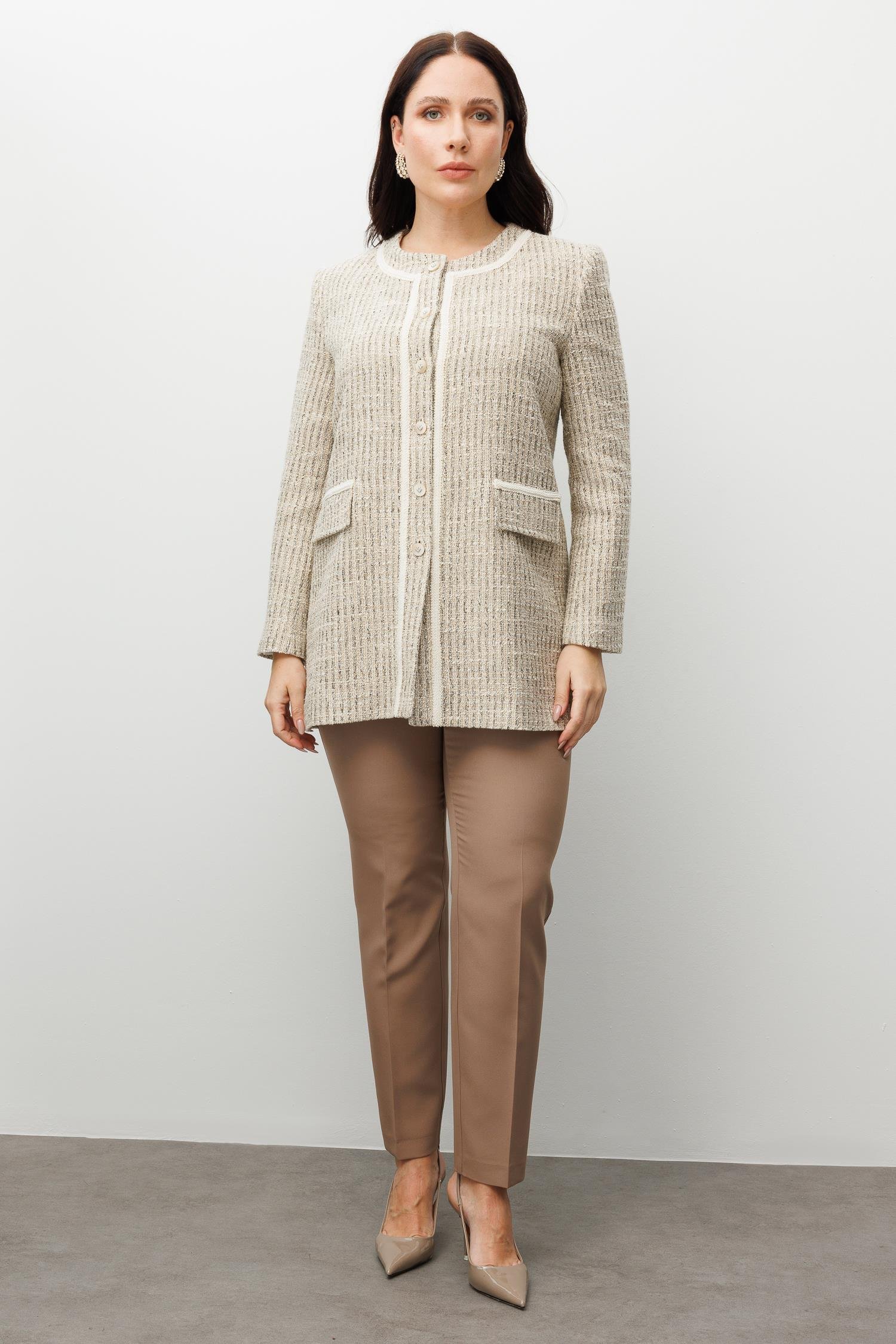 Modailgi  Sıfır Yakalı Düğme Kapamalı Şerit Detaylı Astarlı Uzun Ceket Bej