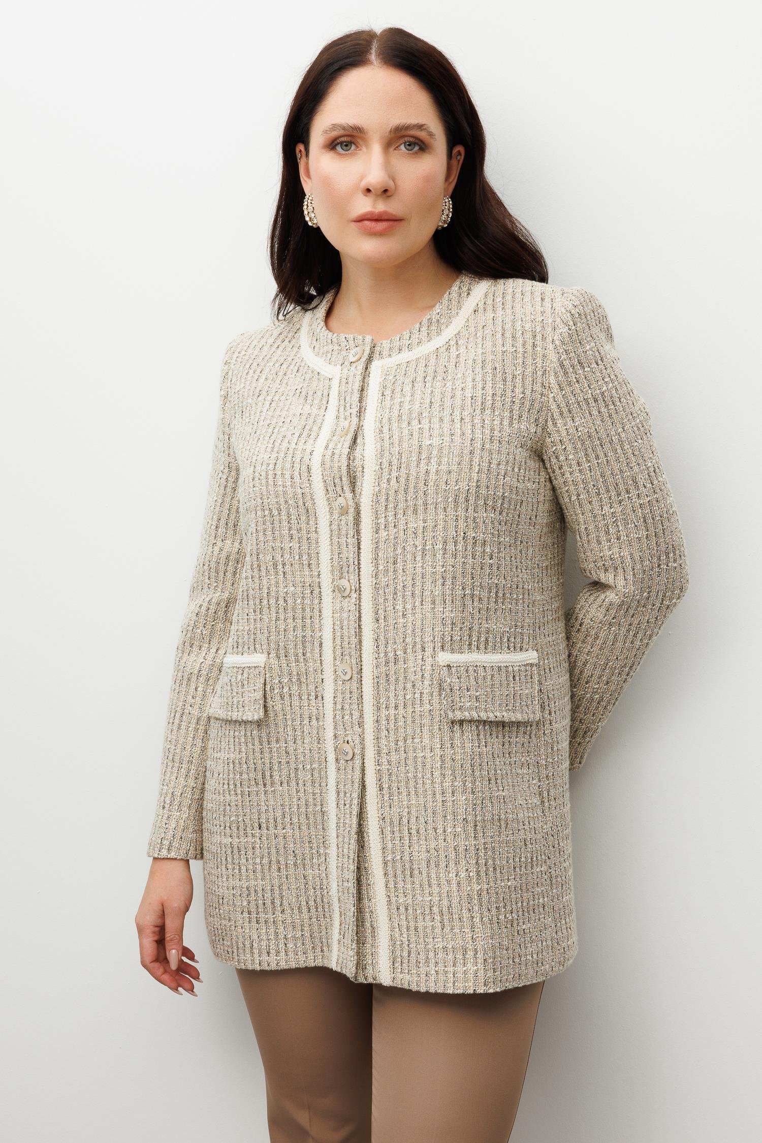 Modailgi  Sıfır Yakalı Düğme Kapamalı Şerit Detaylı Astarlı Uzun Ceket Bej