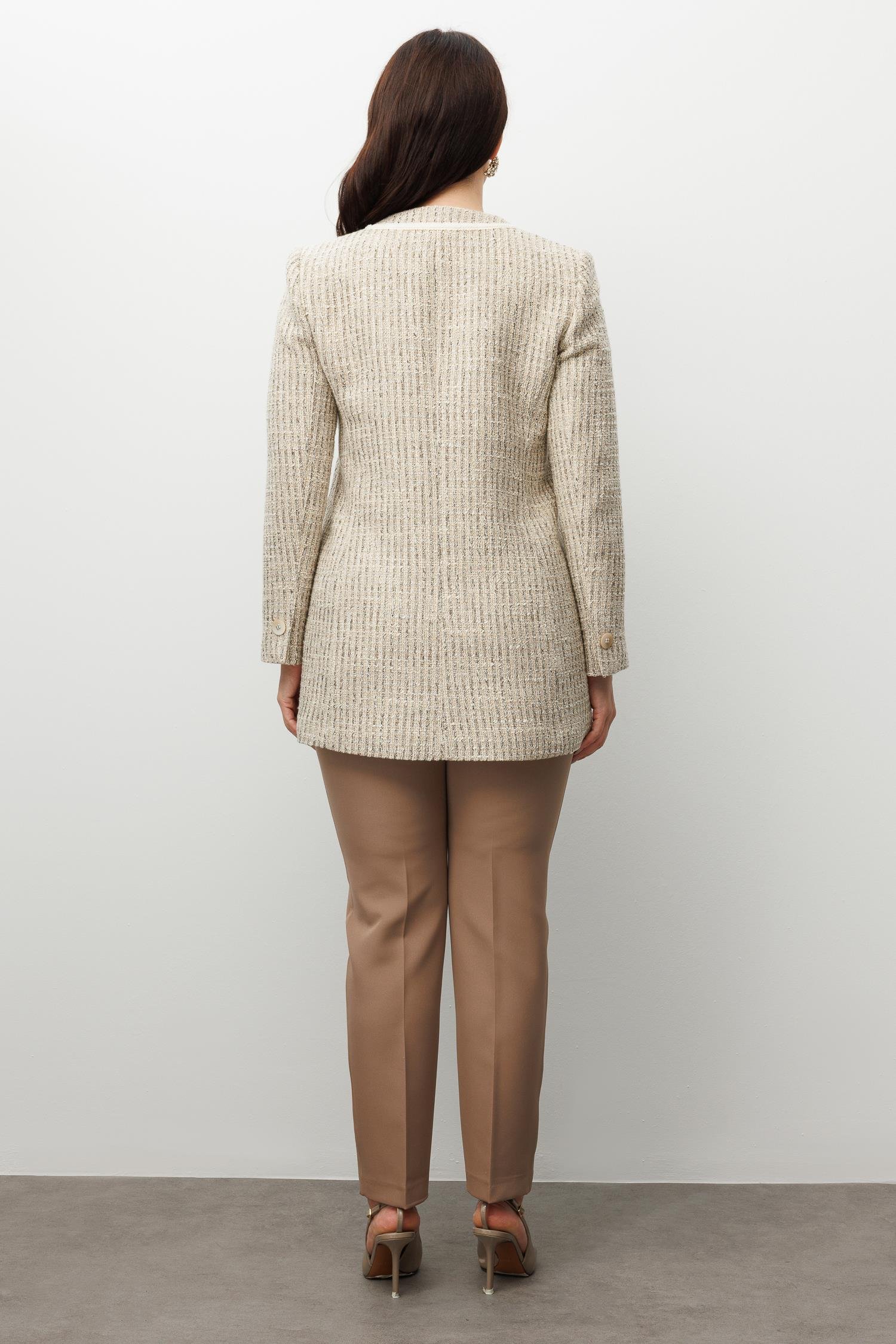 Modailgi  Sıfır Yakalı Düğme Kapamalı Şerit Detaylı Astarlı Uzun Ceket Bej