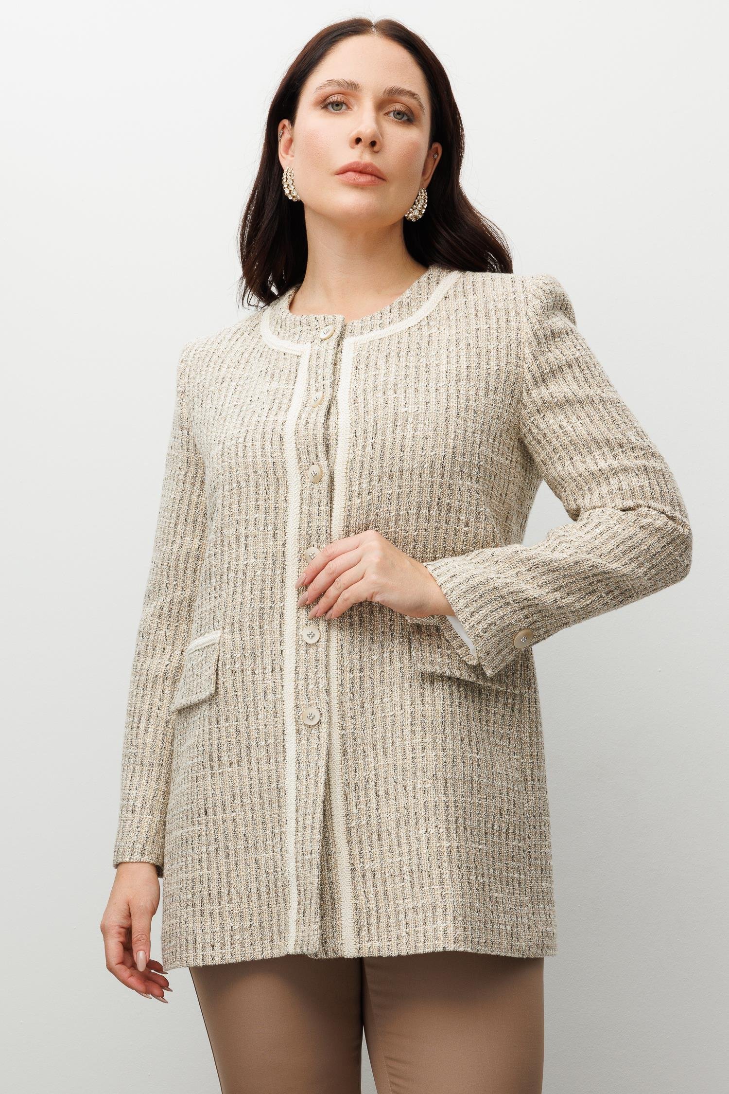 Modailgi  Sıfır Yakalı Düğme Kapamalı Şerit Detaylı Astarlı Uzun Ceket Bej