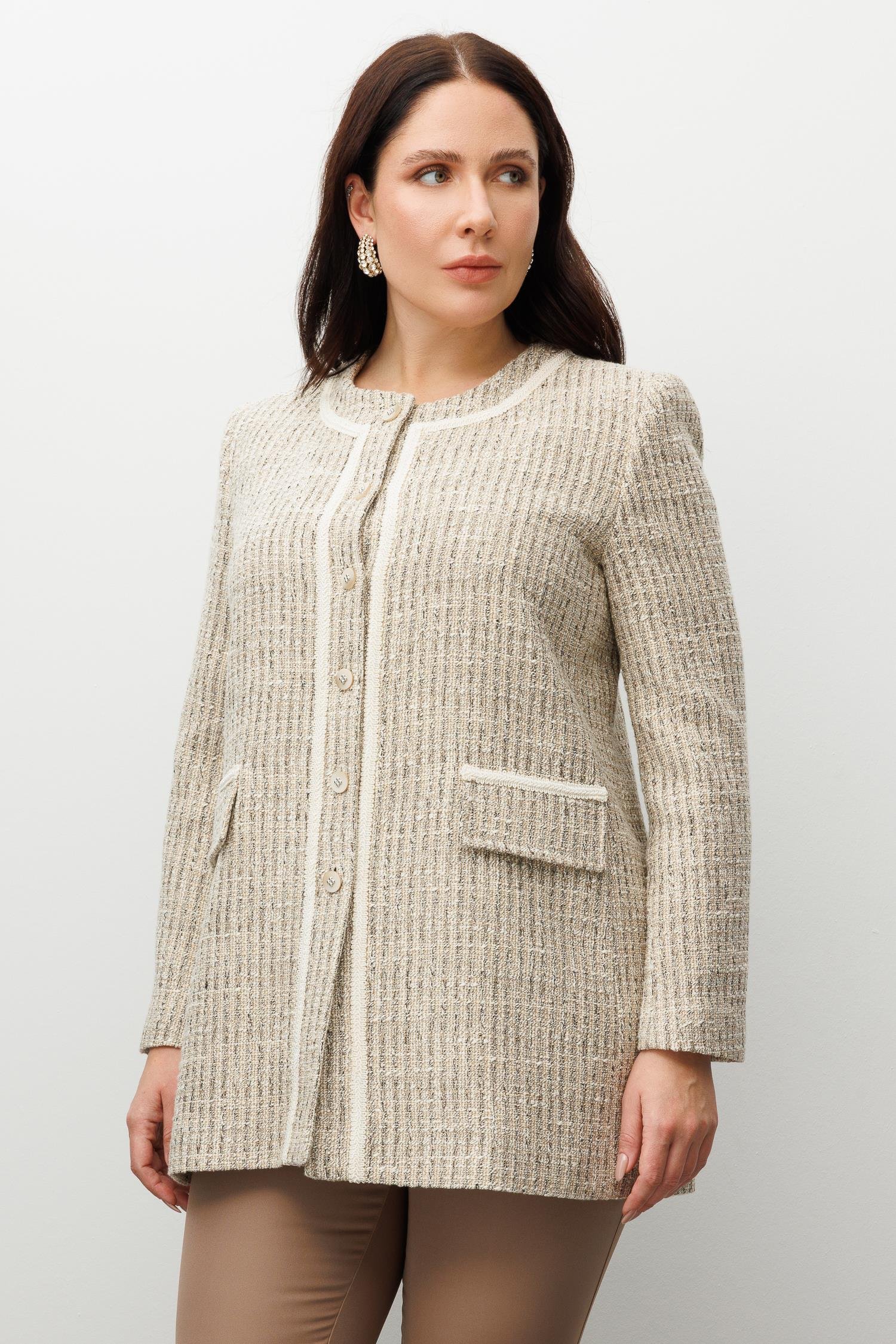 Modailgi  Sıfır Yakalı Düğme Kapamalı Şerit Detaylı Astarlı Uzun Ceket Bej