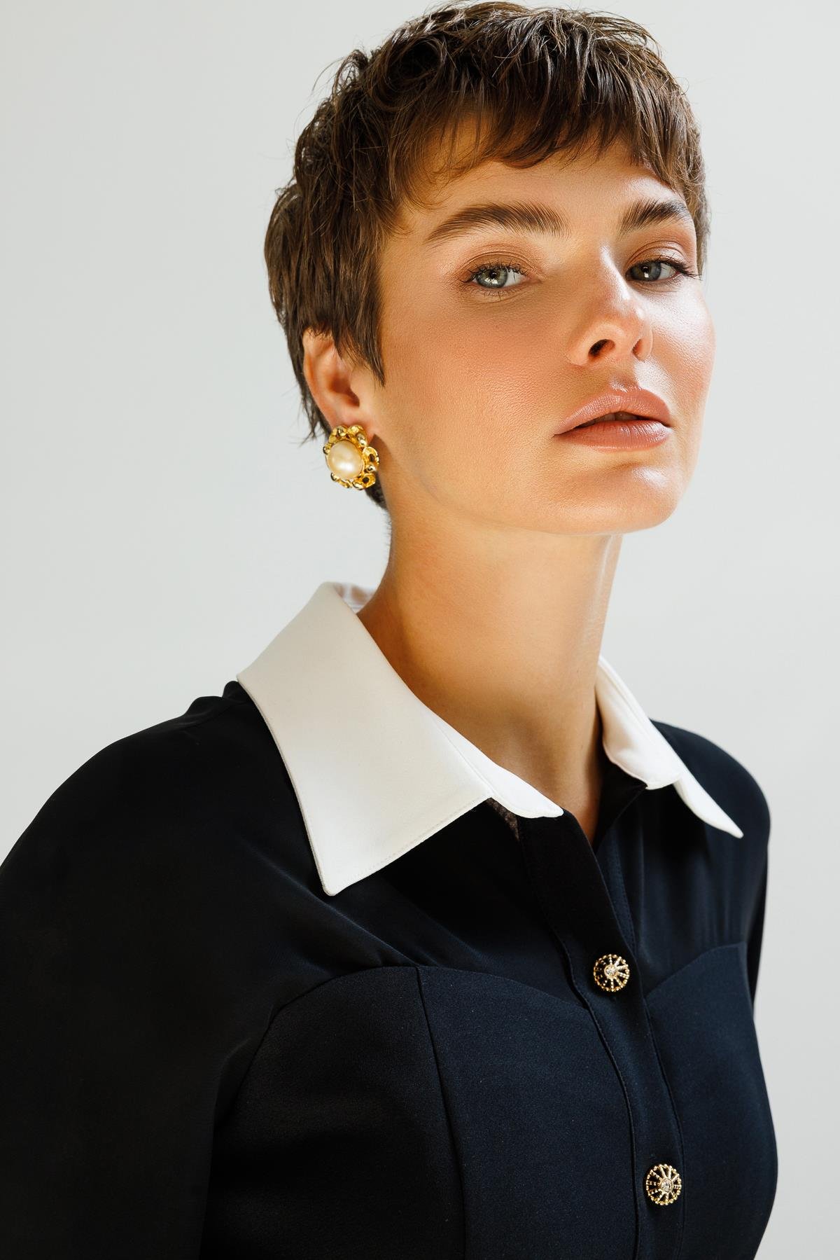 Modailgi  Şifon Kumaş Mix Detaylı Düğme Kapamalı Elbise Siyah