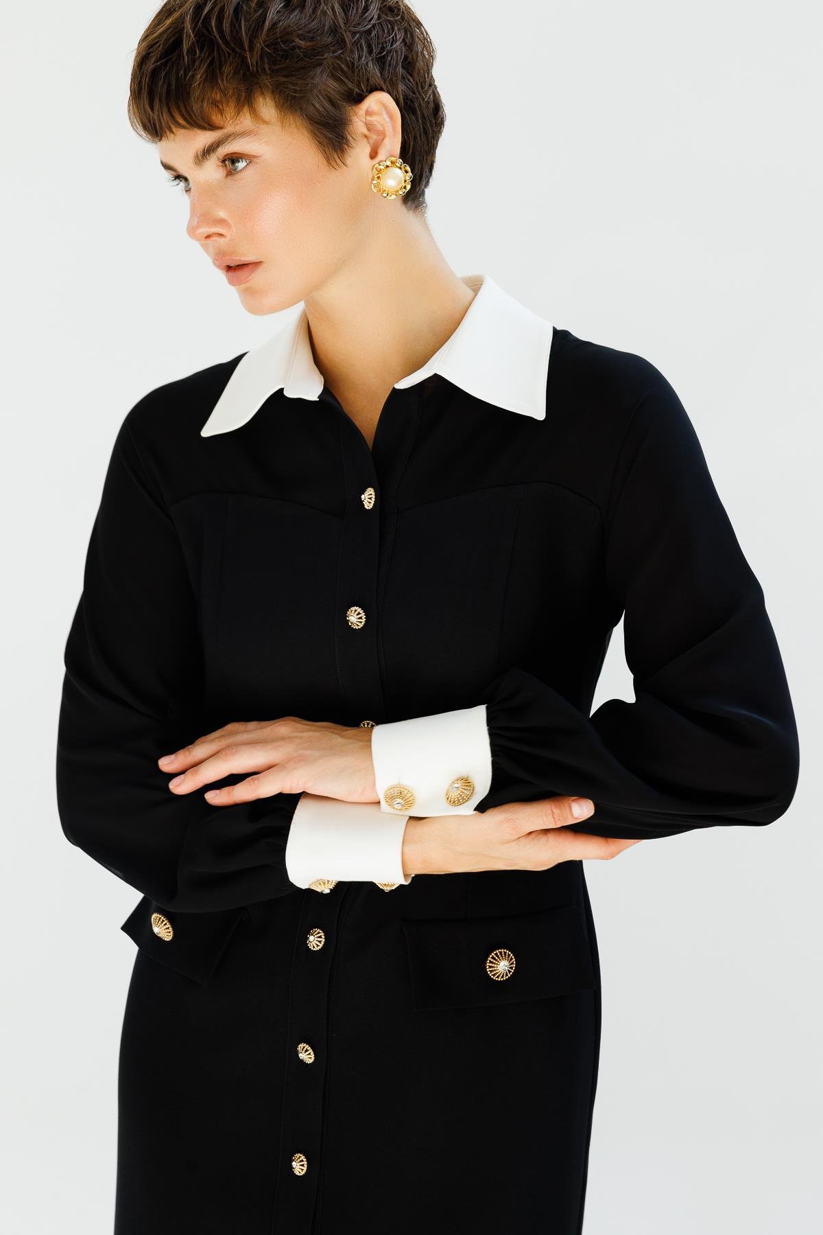 Modailgi  Şifon Kumaş Mix Detaylı Düğme Kapamalı Elbise Siyah