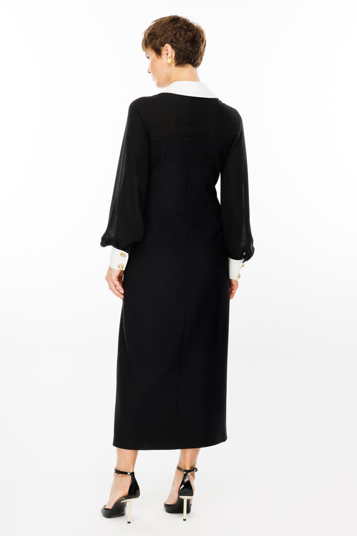 Modailgi  Şifon Kumaş Mix Detaylı Düğme Kapamalı Elbise Siyah