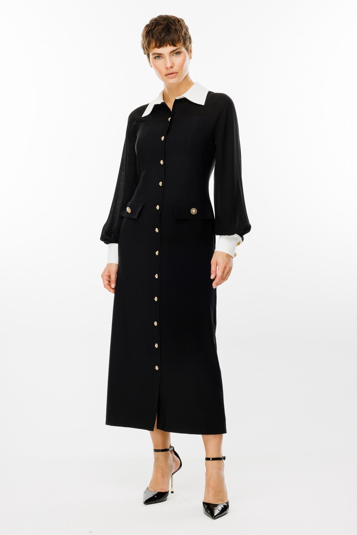 Modailgi  Şifon Kumaş Mix Detaylı Düğme Kapamalı Elbise Siyah