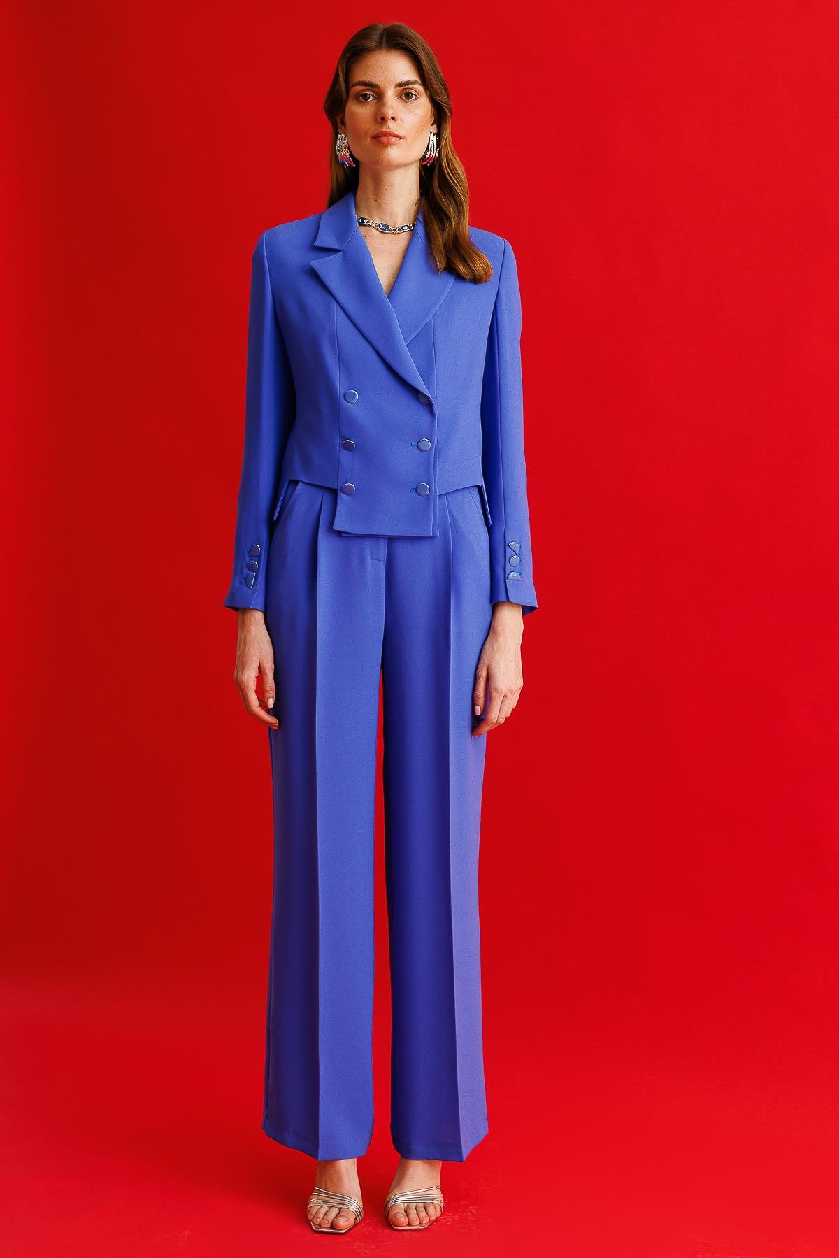 Modailgi  Simetrik Kesik Detaylı Kısa Astarlı Ceket İndigo