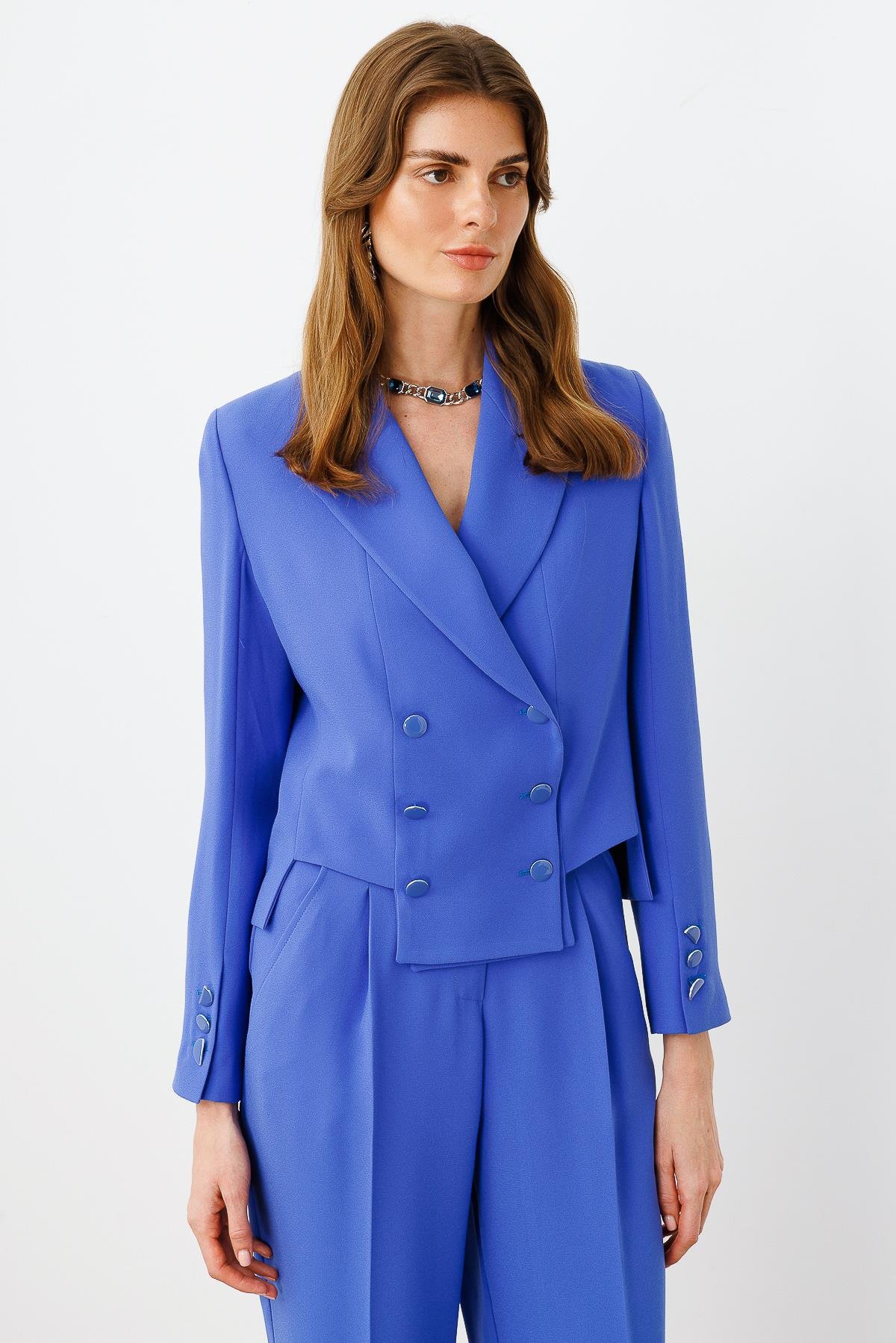 Modailgi  Simetrik Kesik Detaylı Kısa Astarlı Ceket İndigo