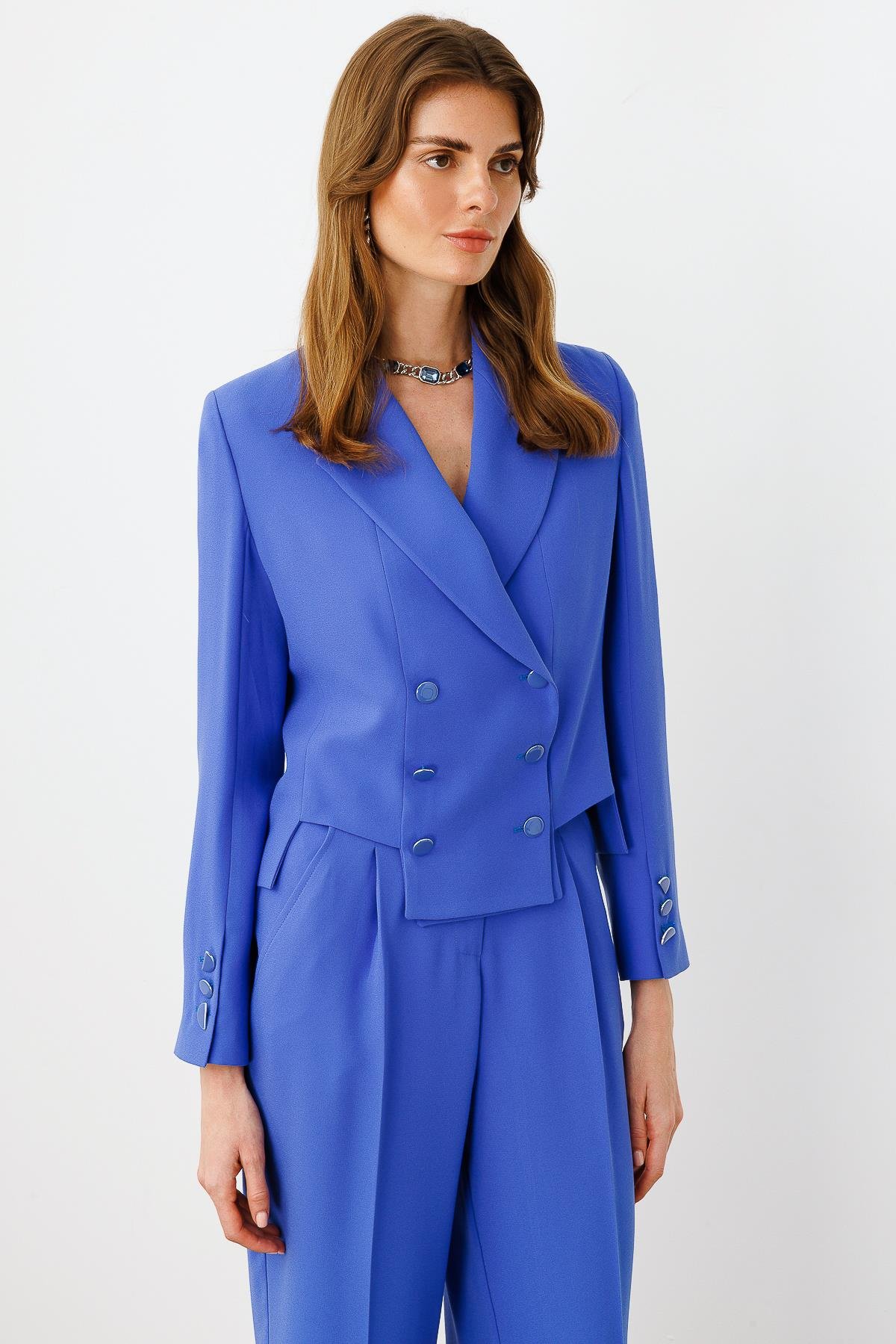 Modailgi  Simetrik Kesik Detaylı Kısa Astarlı Ceket İndigo