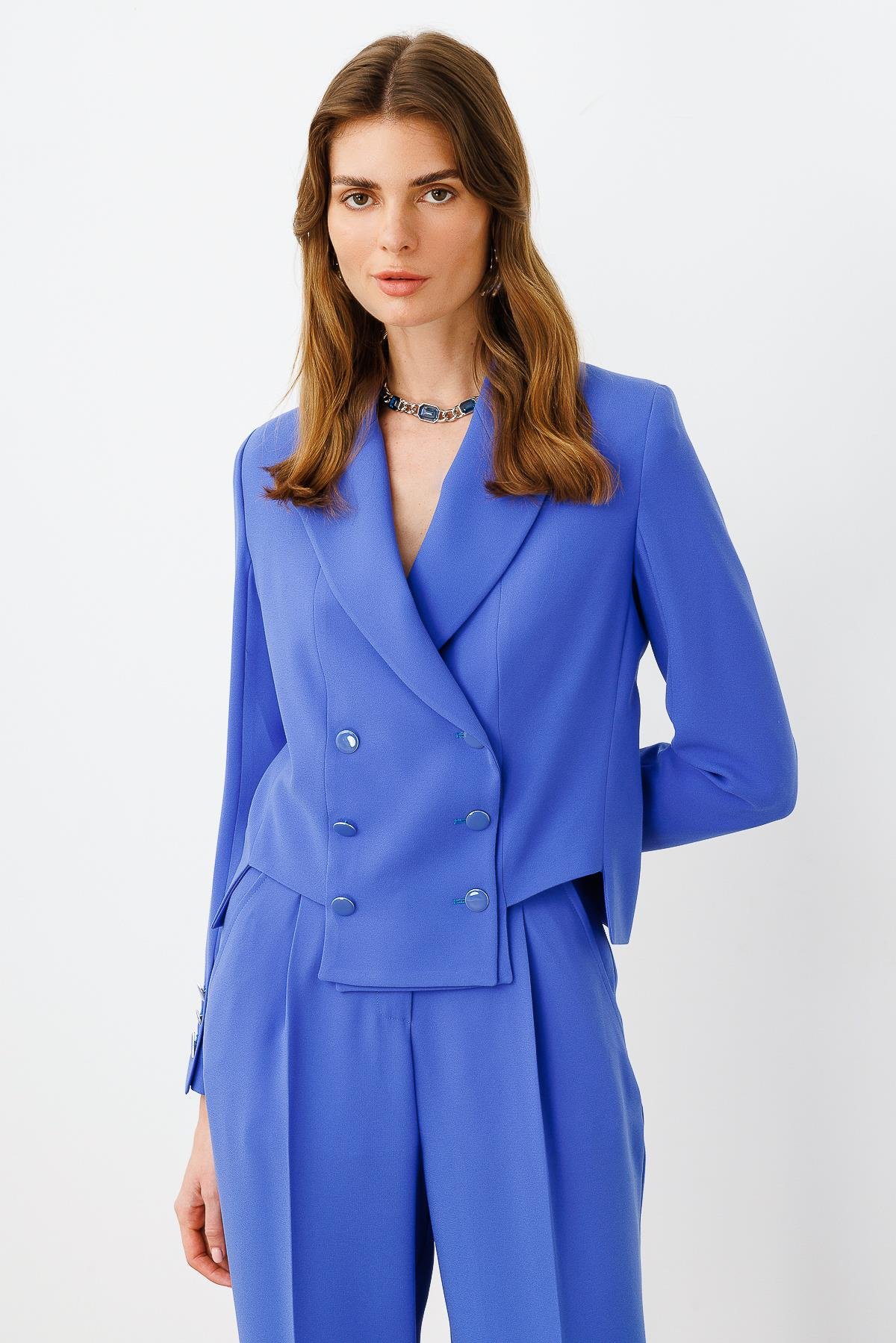 Modailgi  Simetrik Kesik Detaylı Kısa Astarlı Ceket İndigo