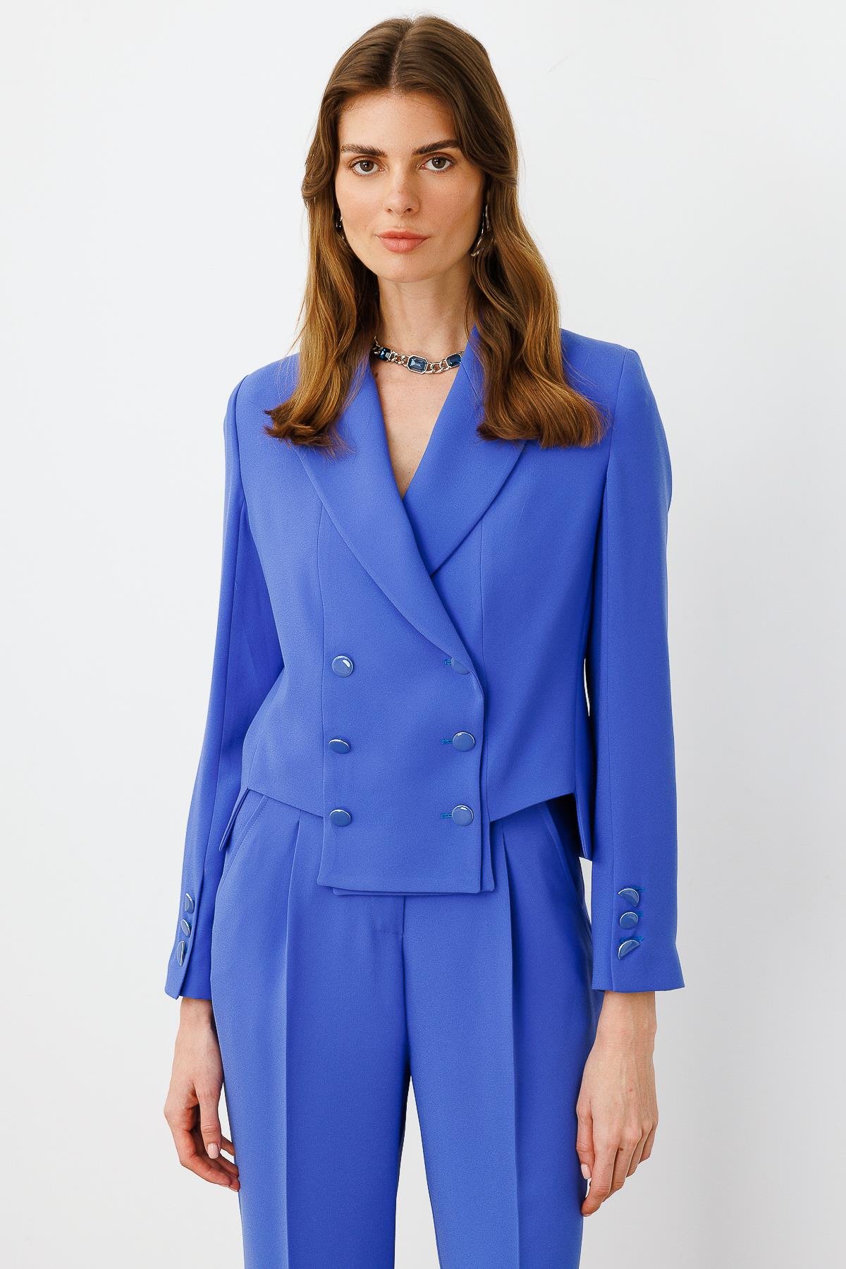 Modailgi  Simetrik Kesik Detaylı Kısa Astarlı Ceket İndigo