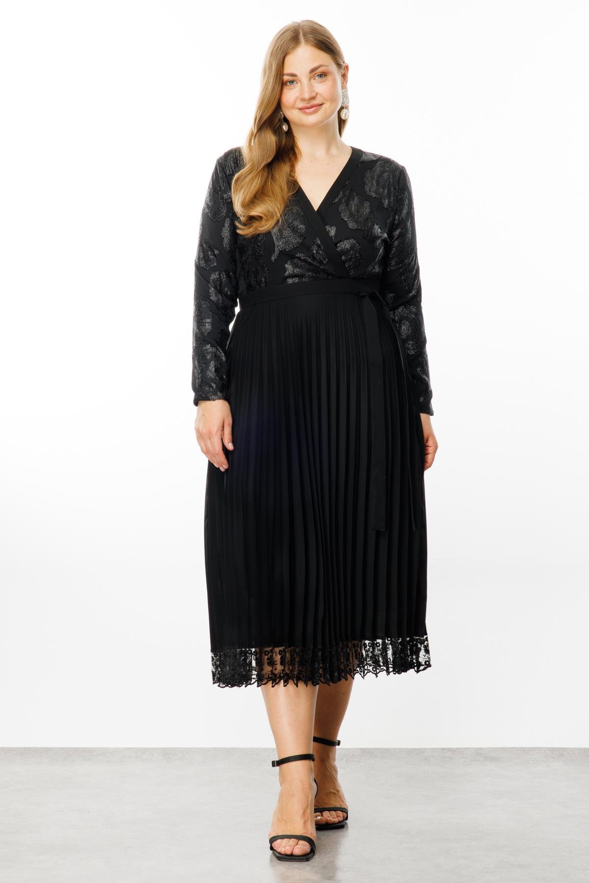 Modailgi  Simli Çiçek Jakarlı Eteği Plisoley Kruvaze Elbise Siyah