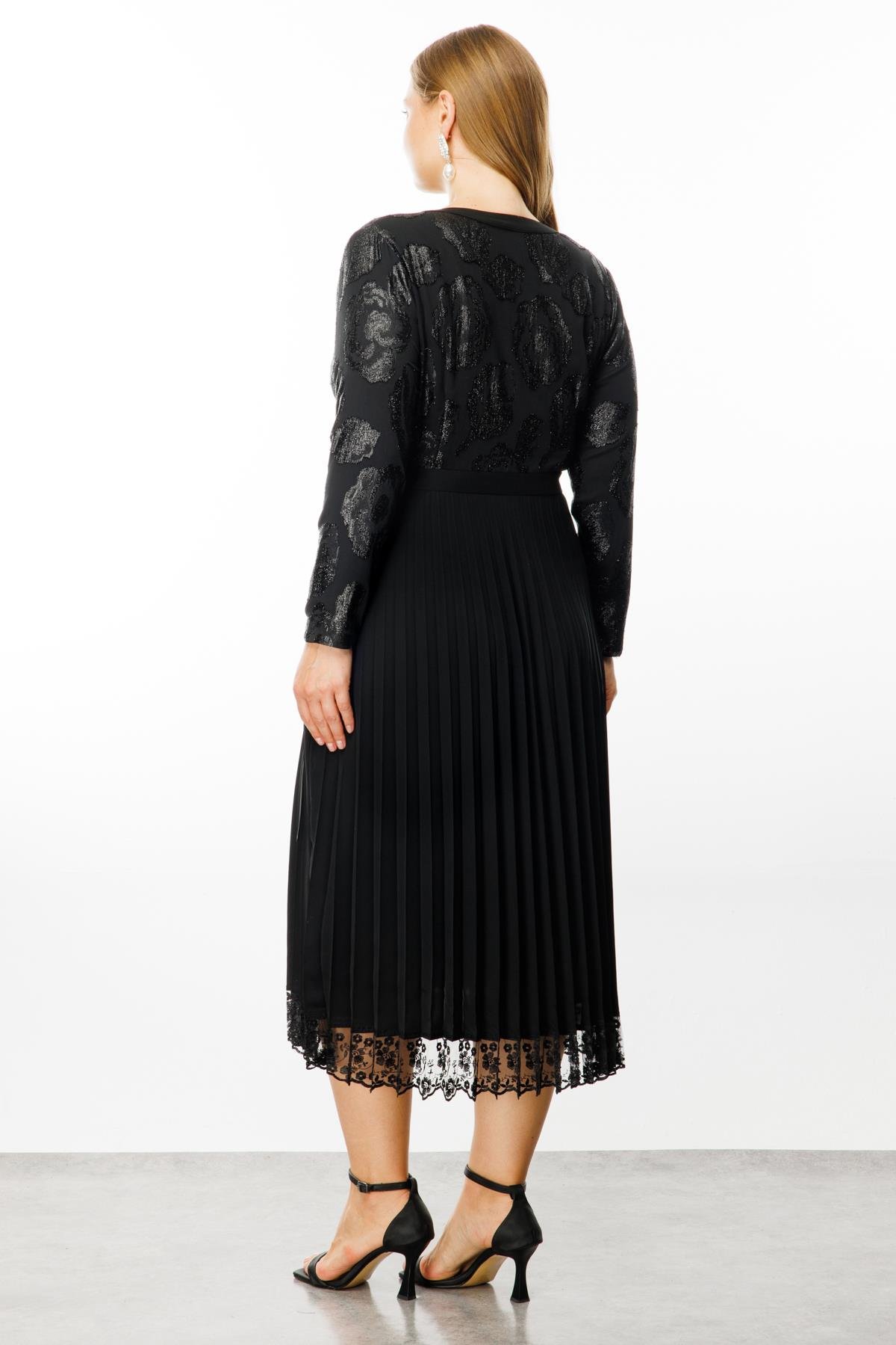 Modailgi  Simli Çiçek Jakarlı Eteği Plisoley Kruvaze Elbise Siyah