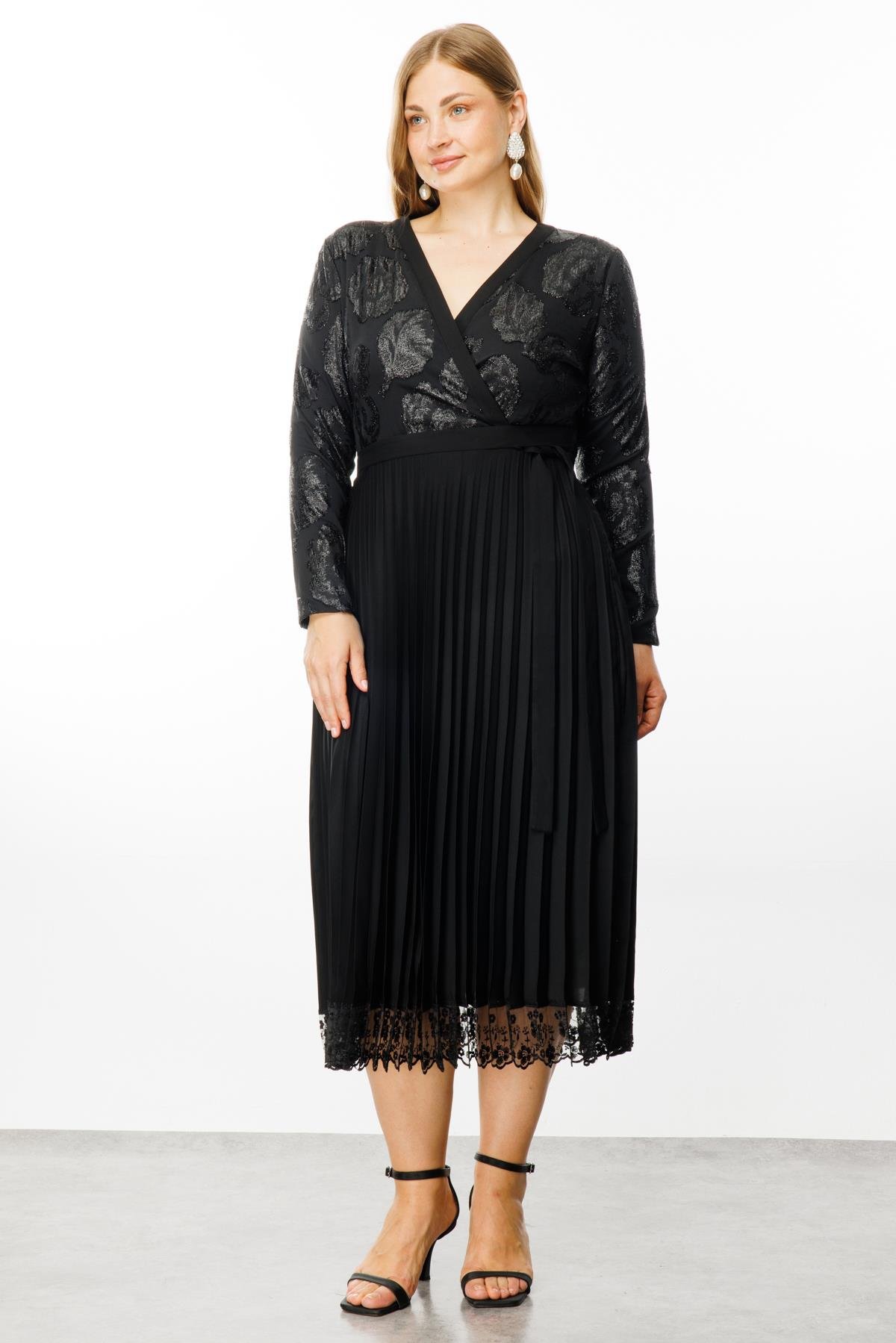 Modailgi  Simli Çiçek Jakarlı Eteği Plisoley Kruvaze Elbise Siyah
