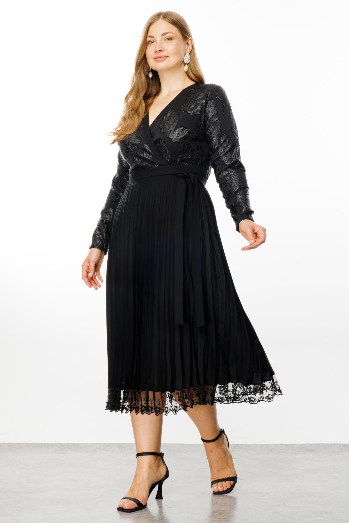 Modailgi  Simli Çiçek Jakarlı Eteği Plisoley Kruvaze Elbise Siyah