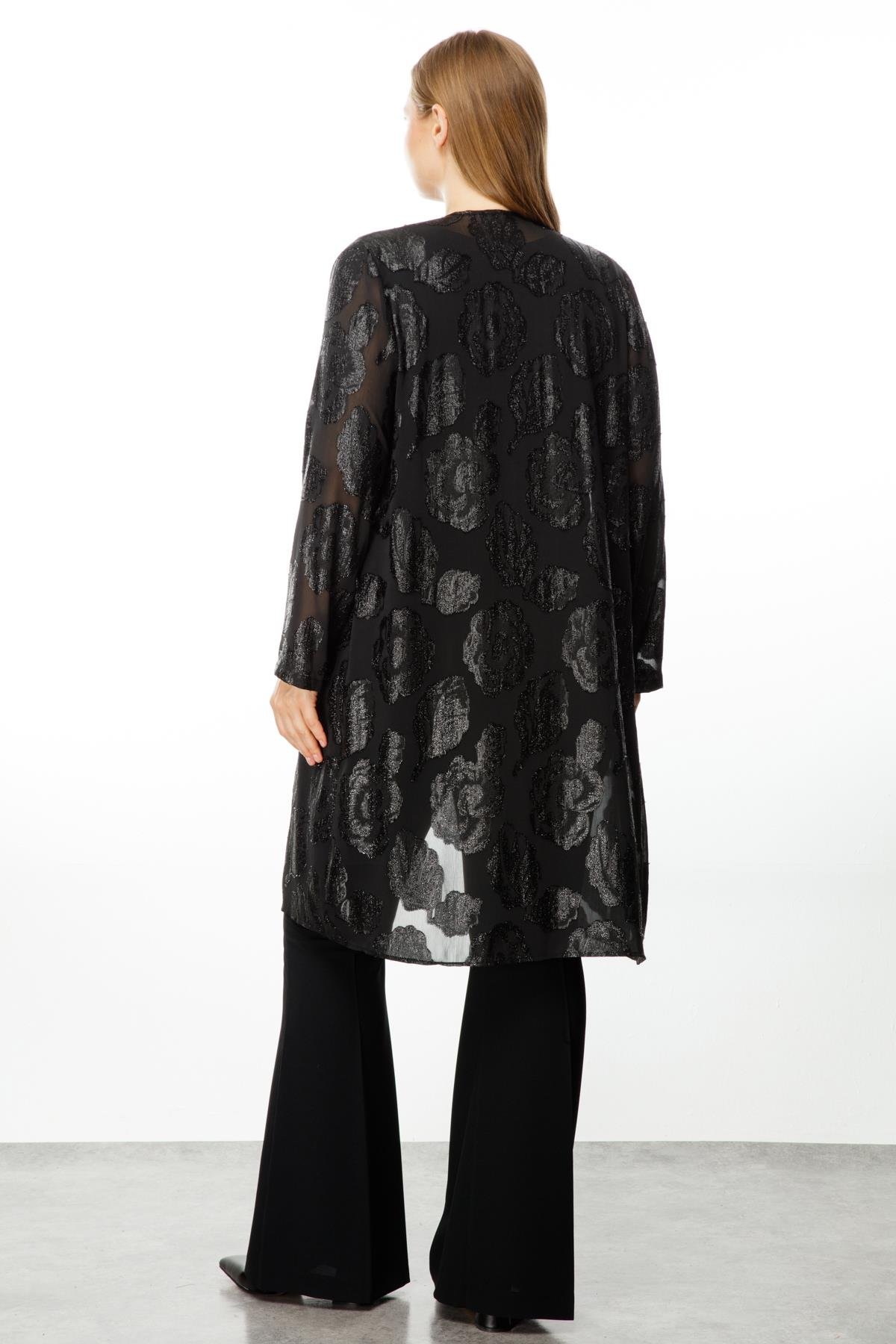 Modailgi  Simli Çiçek Jakarlı İkili Uzun Tunik Siyah