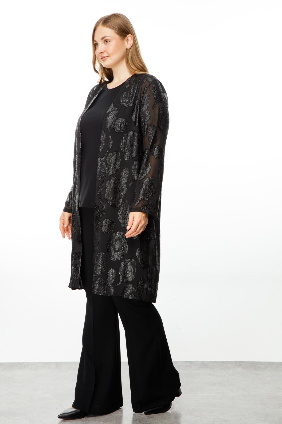 Modailgi  Simli Çiçek Jakarlı İkili Uzun Tunik Siyah