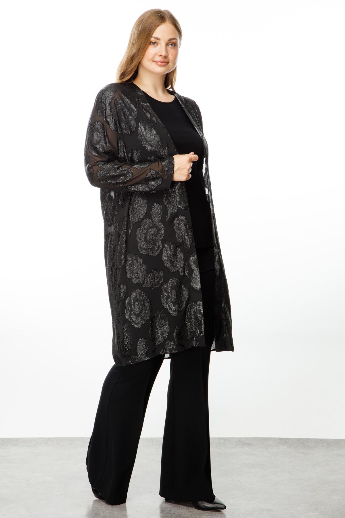 Modailgi  Simli Çiçek Jakarlı İkili Uzun Tunik Siyah
