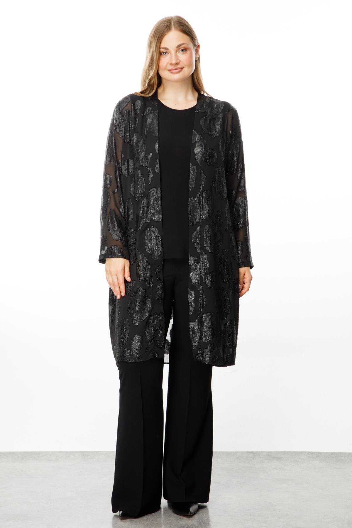 Modailgi  Simli Çiçek Jakarlı İkili Uzun Tunik Siyah