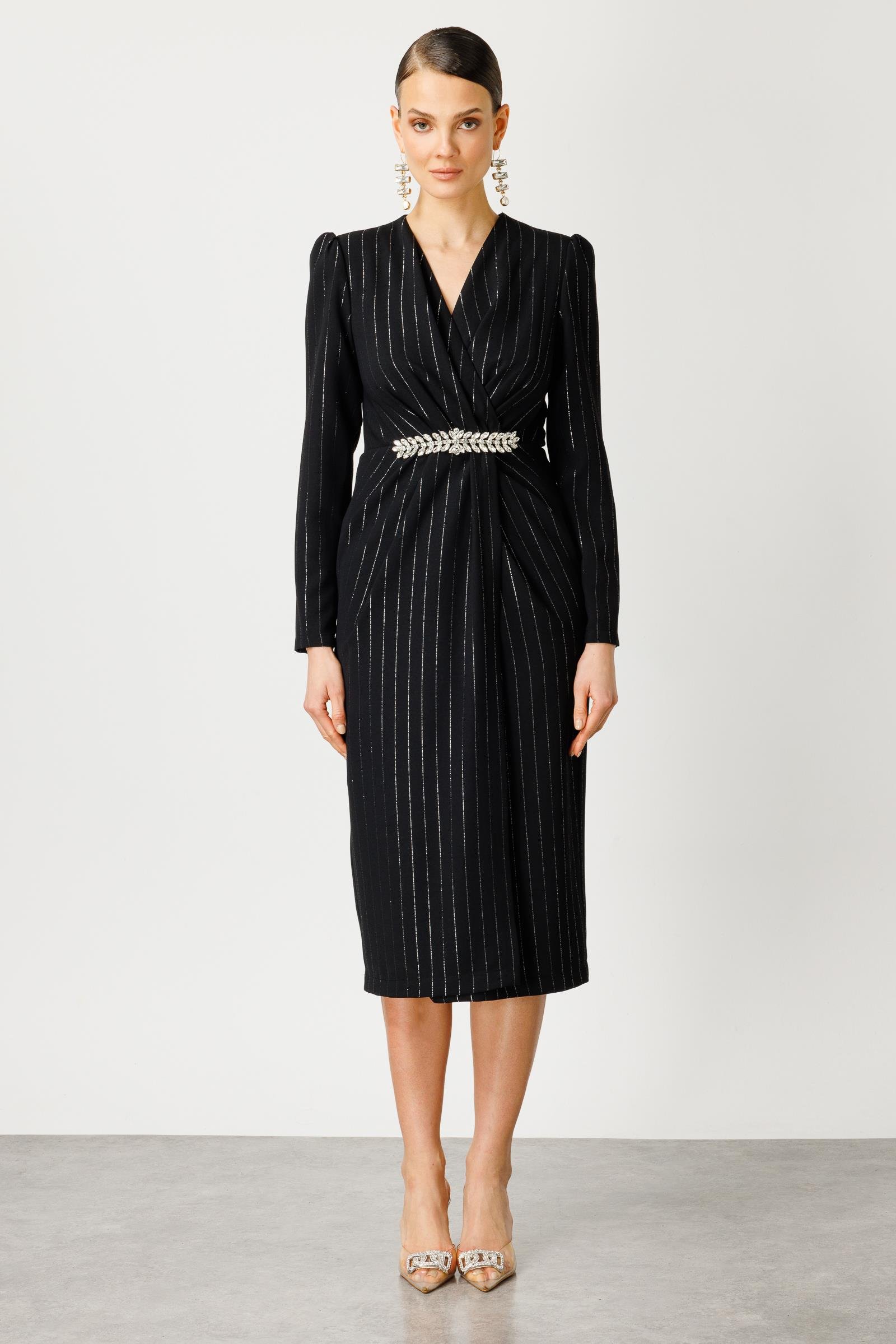 Modailgi  Simli Çizgili Kruvaze Elbise Siyah