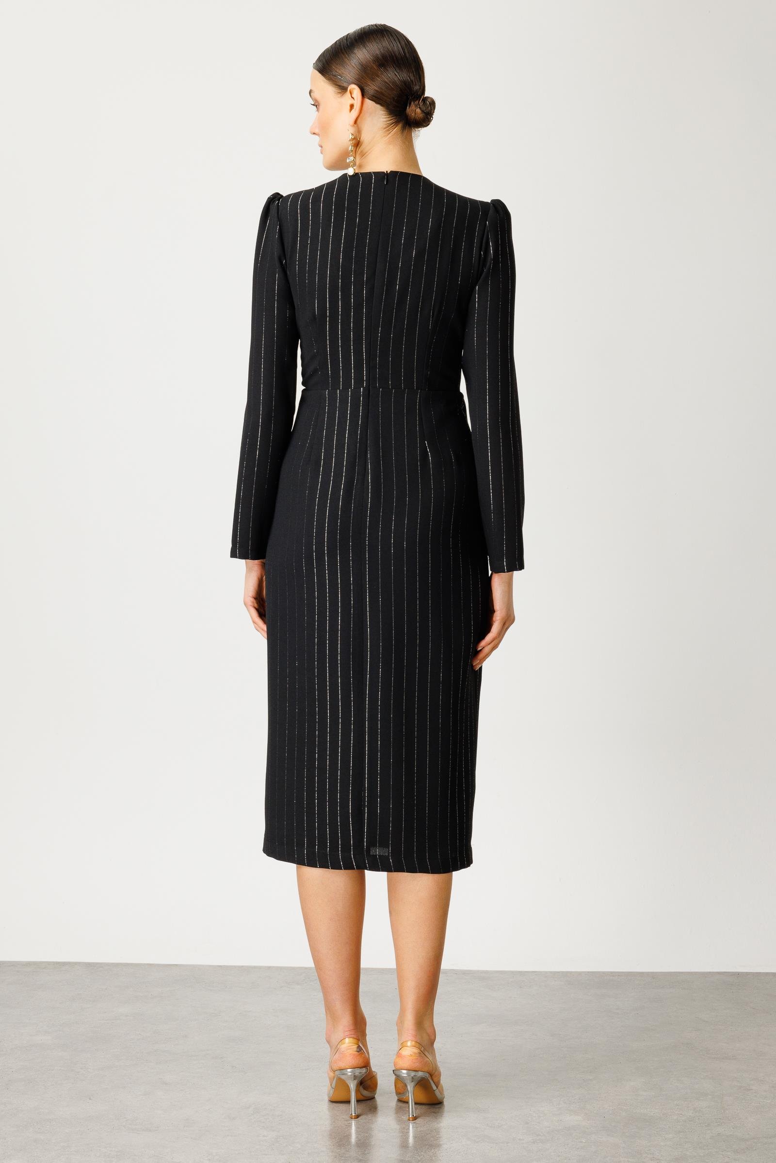 Modailgi  Simli Çizgili Kruvaze Elbise Siyah