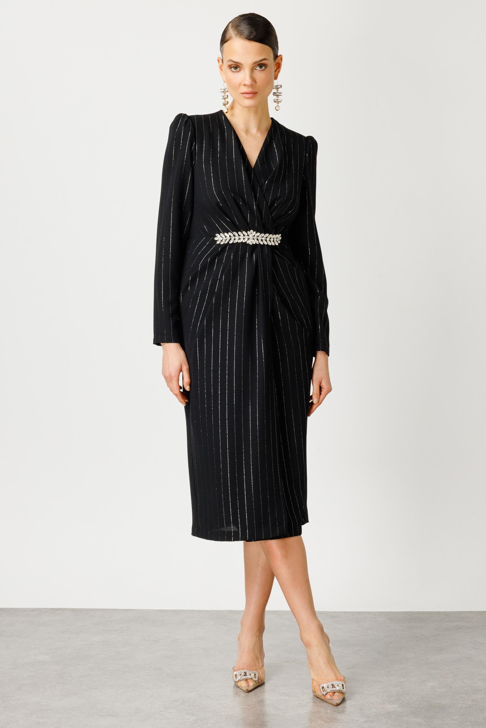 Modailgi  Simli Çizgili Kruvaze Elbise Siyah