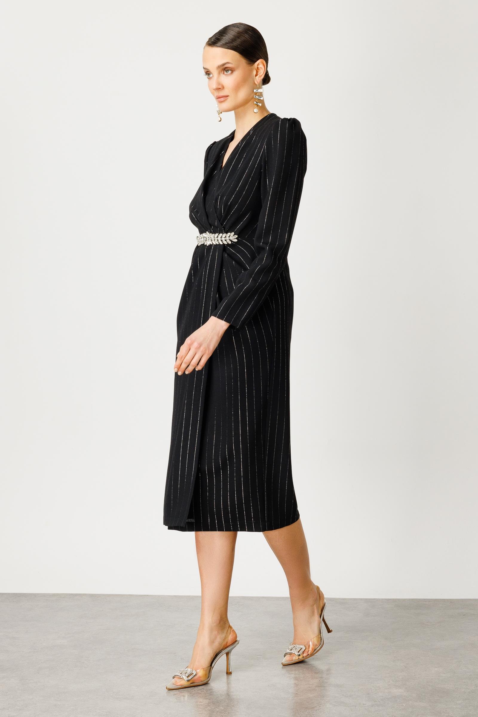 Modailgi  Simli Çizgili Kruvaze Elbise Siyah