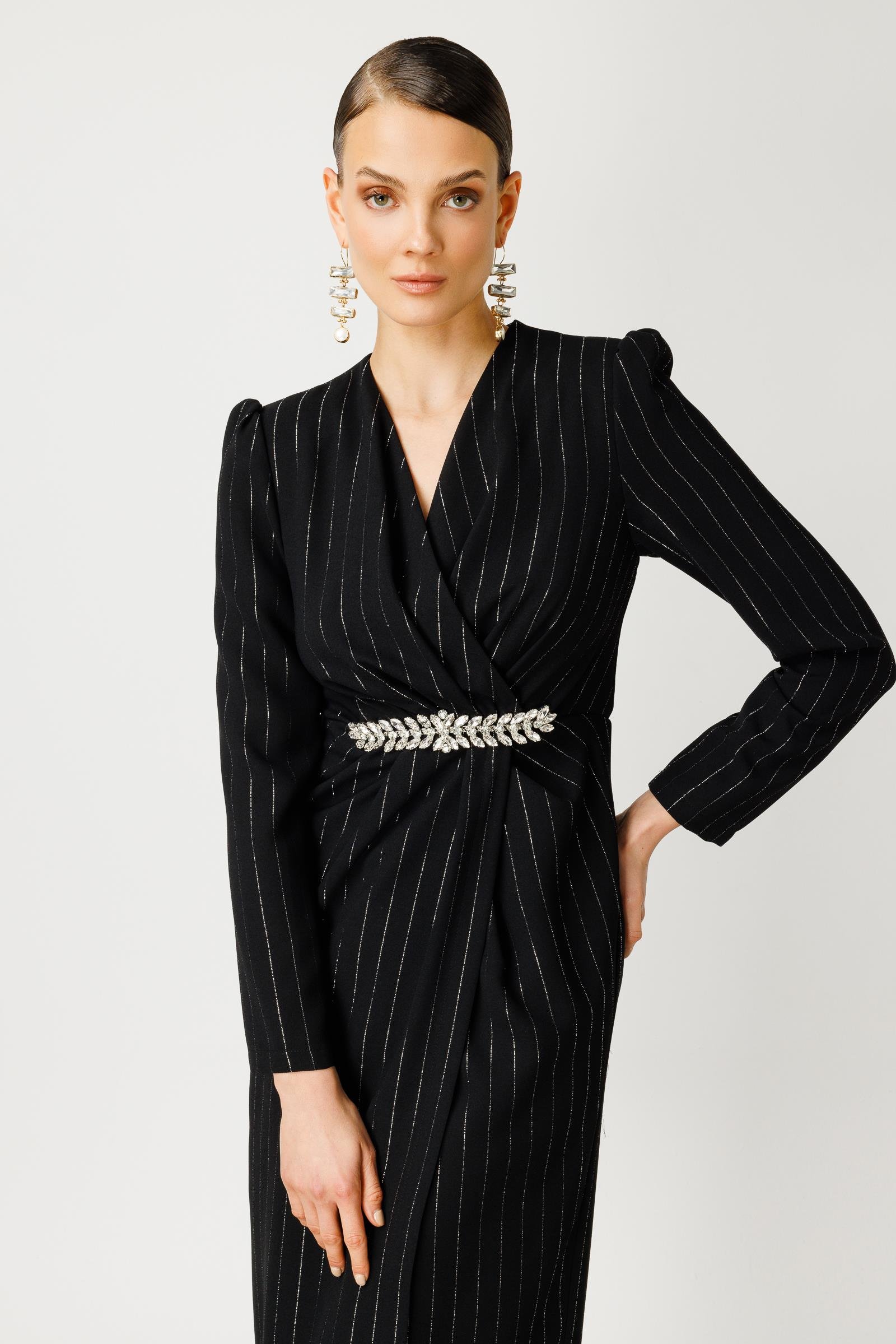 Modailgi  Simli Çizgili Kruvaze Elbise Siyah