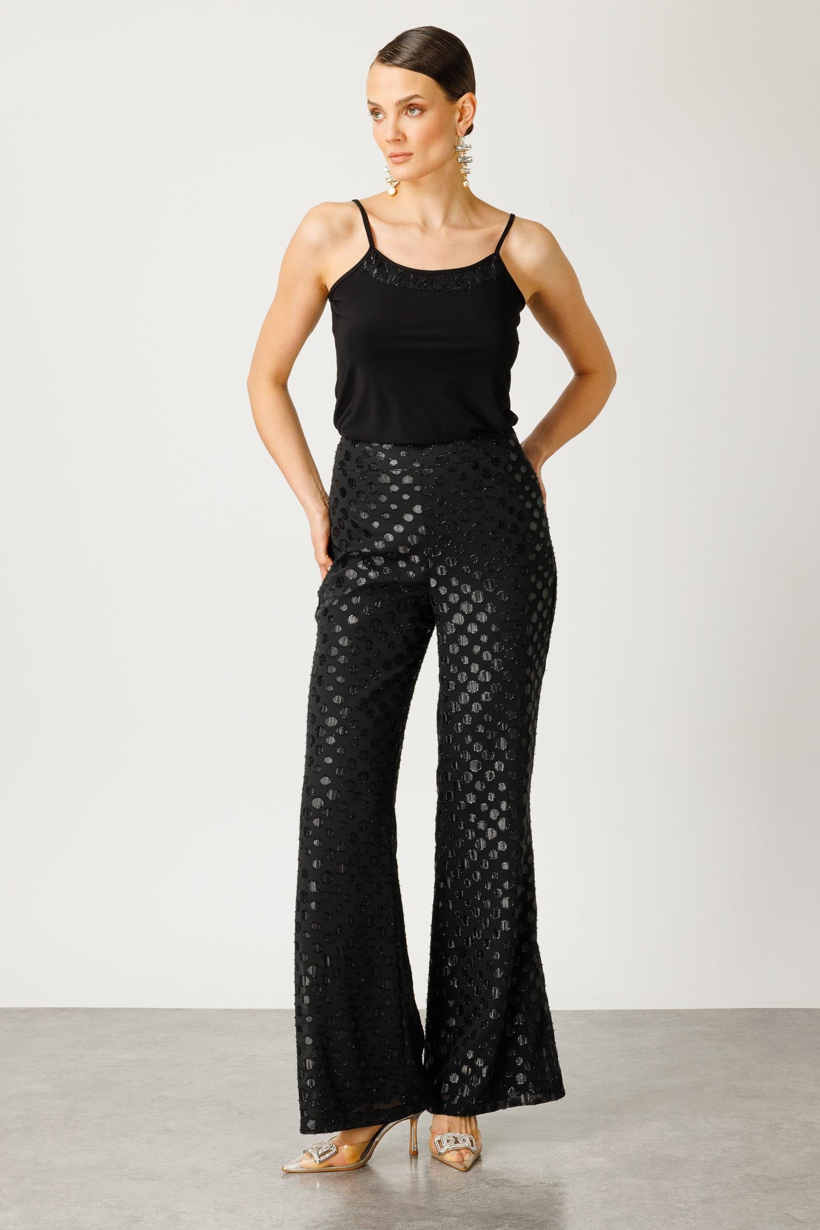 Modailgi  Simli Puan Jakar İspanyol Paça Pantolon Siyah