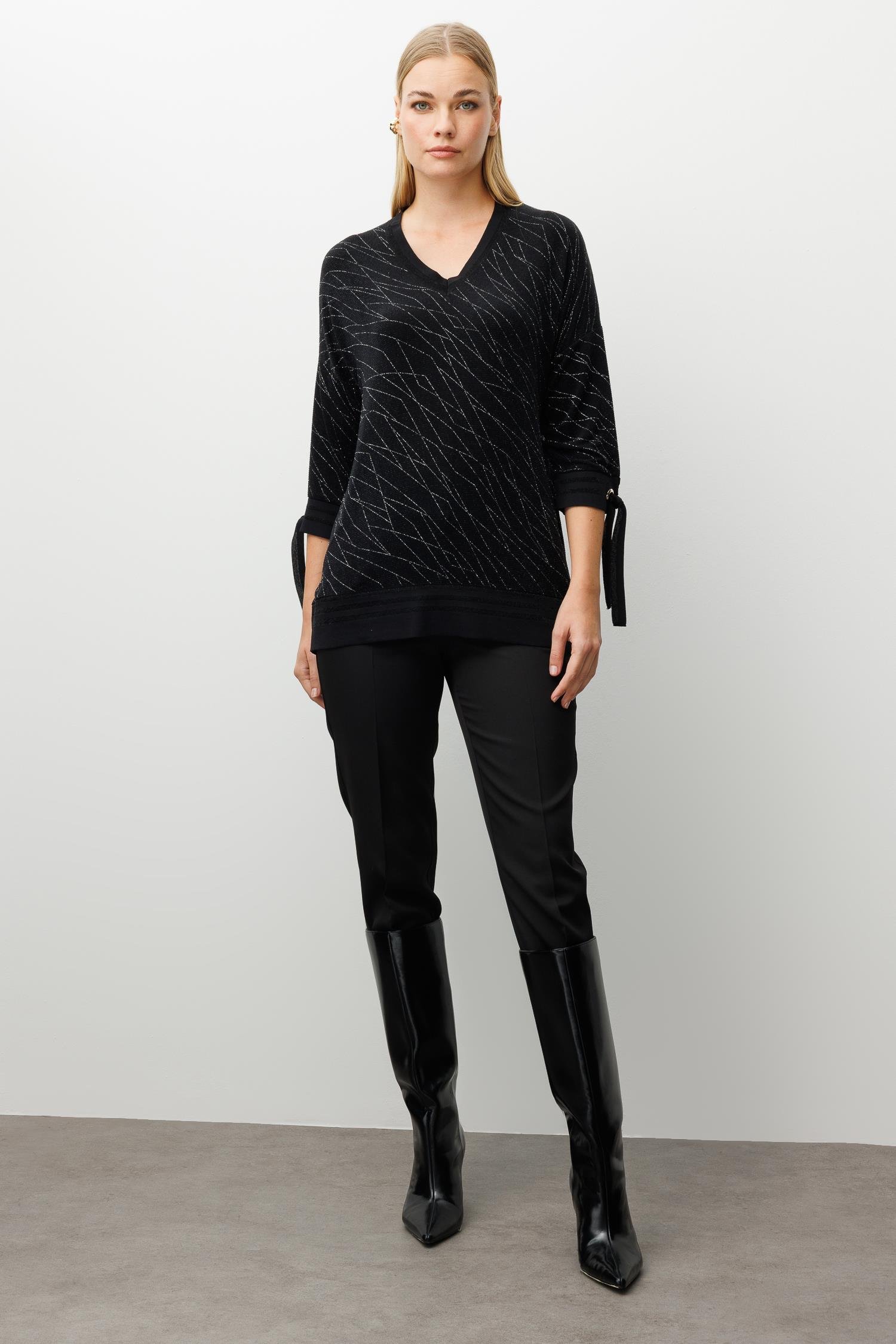 Modailgi  Simli V Yaka Kol Manşeti Bağcıklı Ribanalı Bluz Siyah