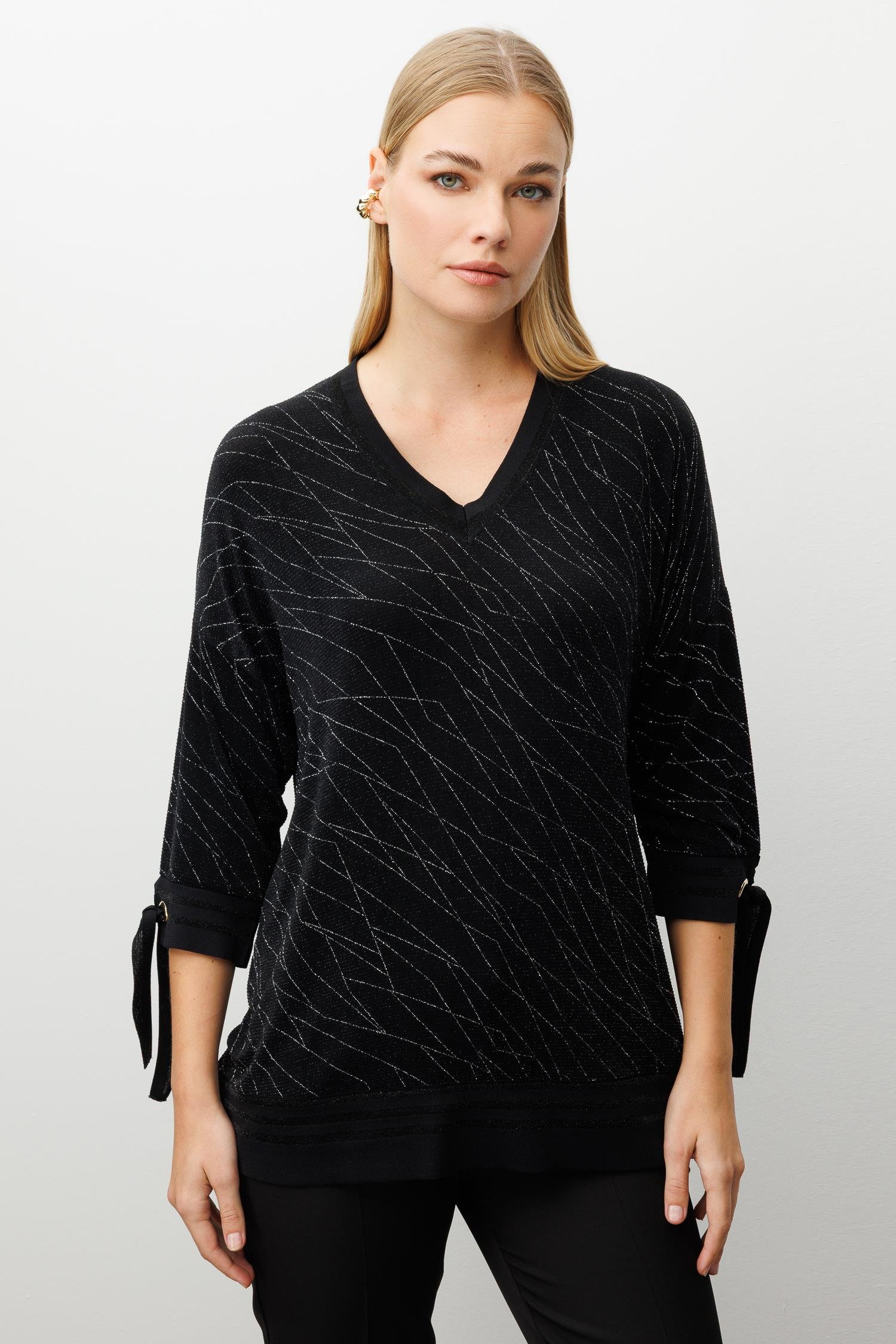 Modailgi  Simli V Yaka Kol Manşeti Bağcıklı Ribanalı Bluz Siyah