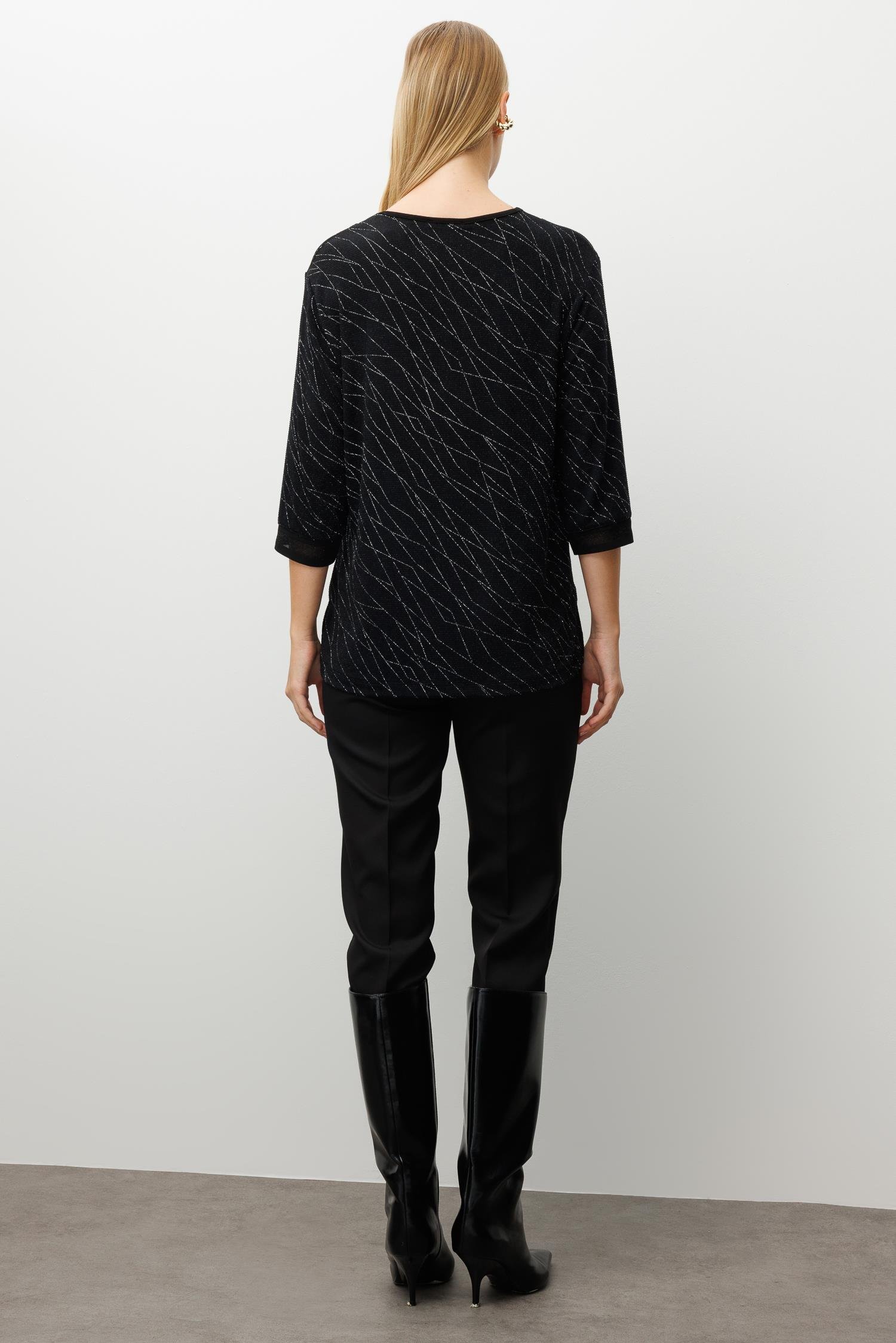 Modailgi  Simli V Yaka Ribanalı Bluz Siyah