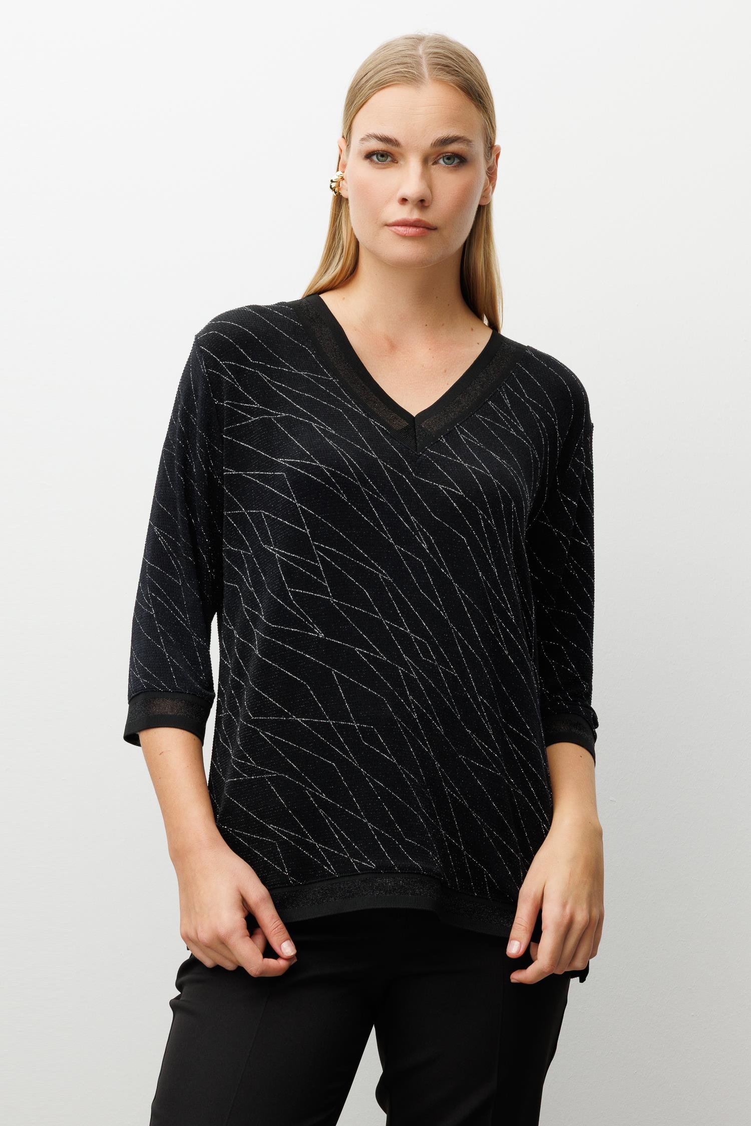 Modailgi  Simli V Yaka Ribanalı Bluz Siyah