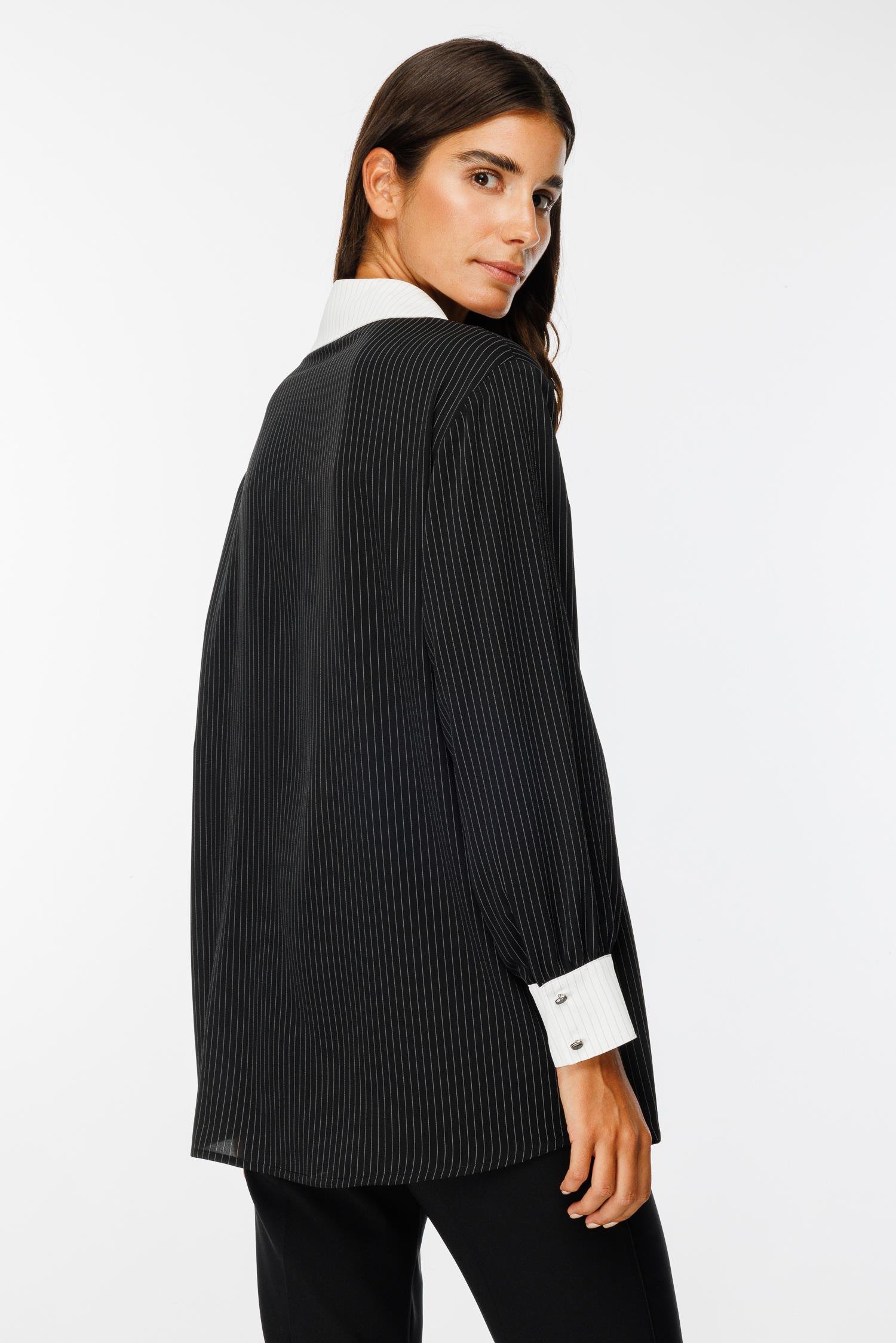 Modailgi  Siyah/Ekru Kombinli Yakası Taşlı Çizgili Gömlek Siyah/Ekru