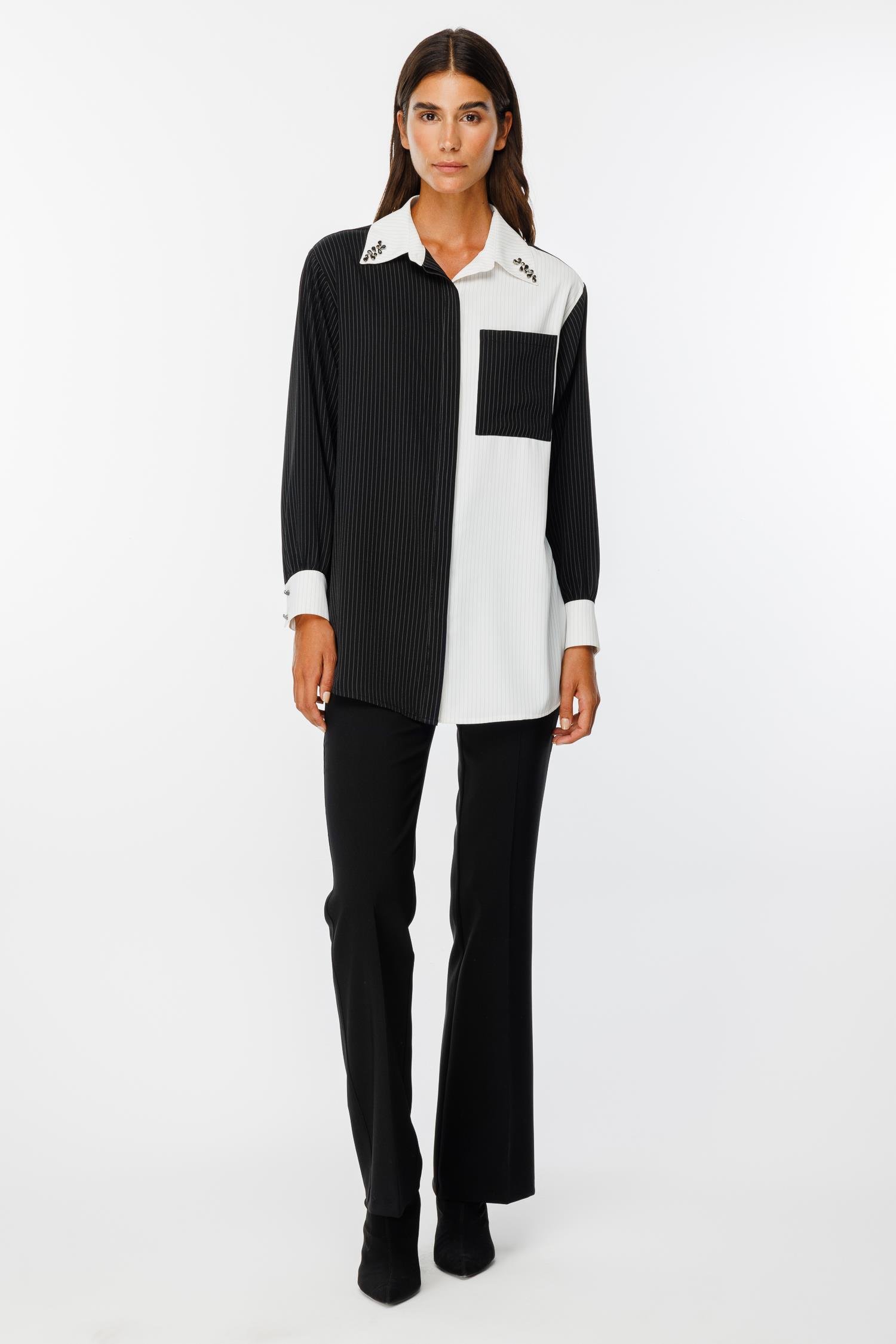 Modailgi  Siyah/Ekru Kombinli Yakası Taşlı Çizgili Gömlek Siyah/Ekru