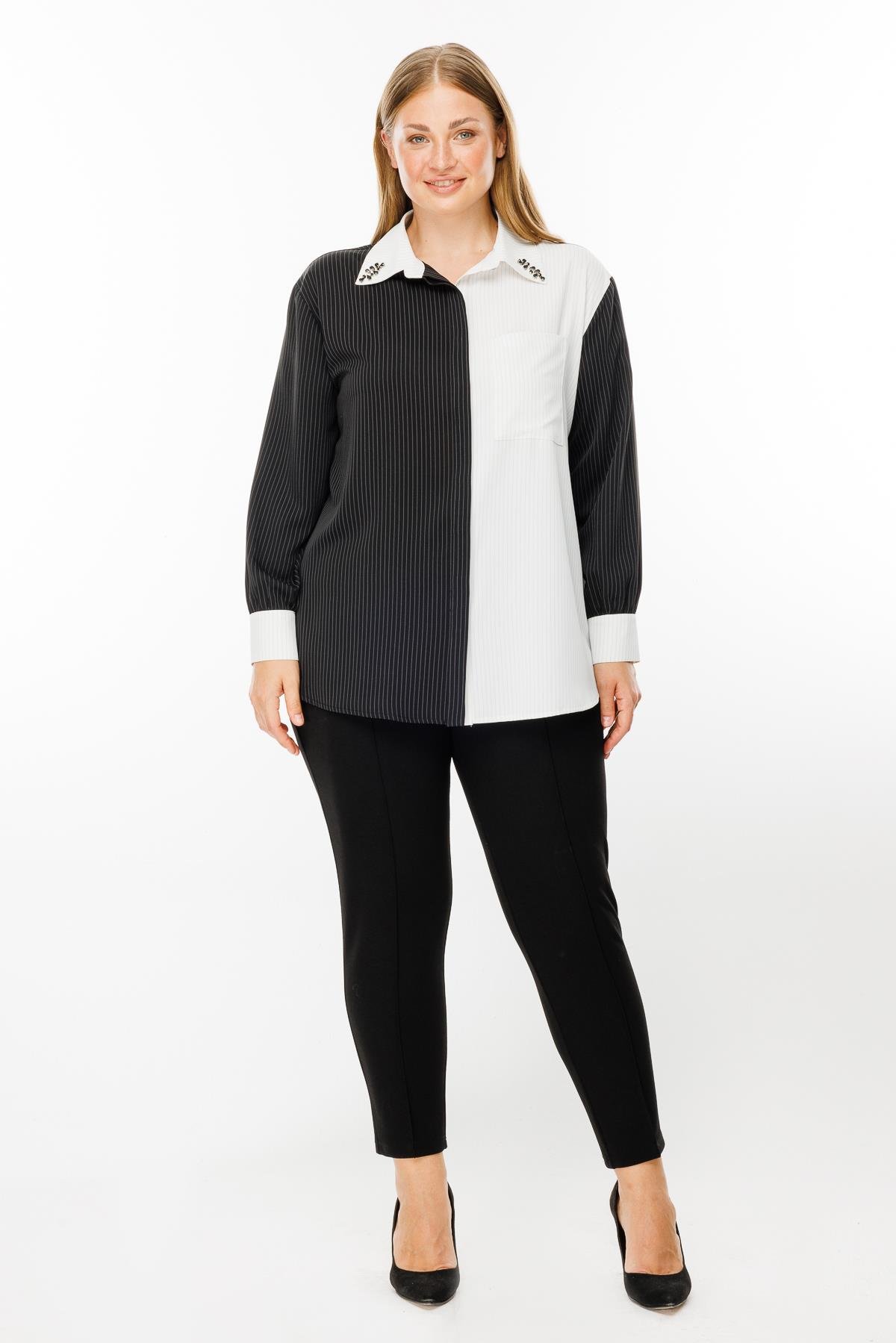 Modailgi  Siyah/Ekru Kombinli Yakası Taşlı Çizgili Gömlek Siyah/Ekru