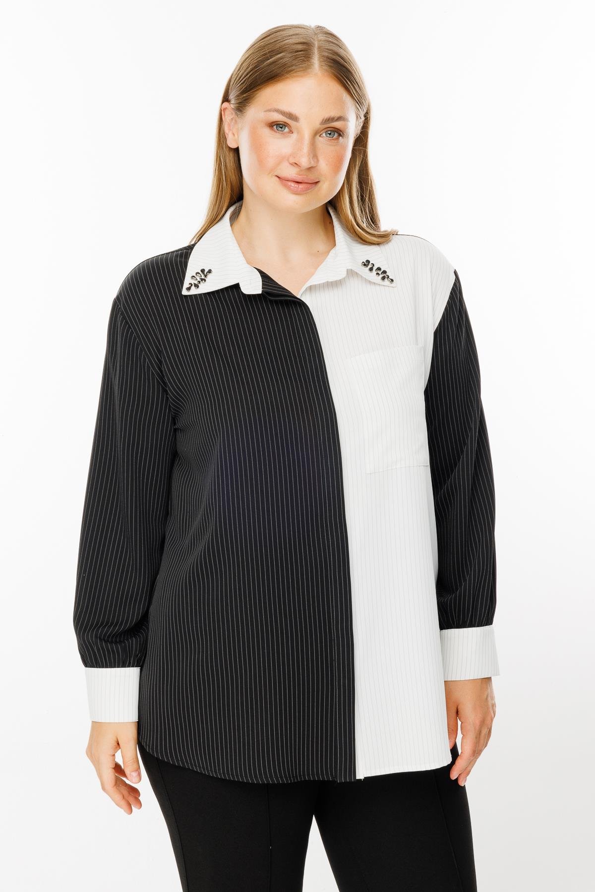 Modailgi  Siyah/Ekru Kombinli Yakası Taşlı Çizgili Gömlek Siyah/Ekru
