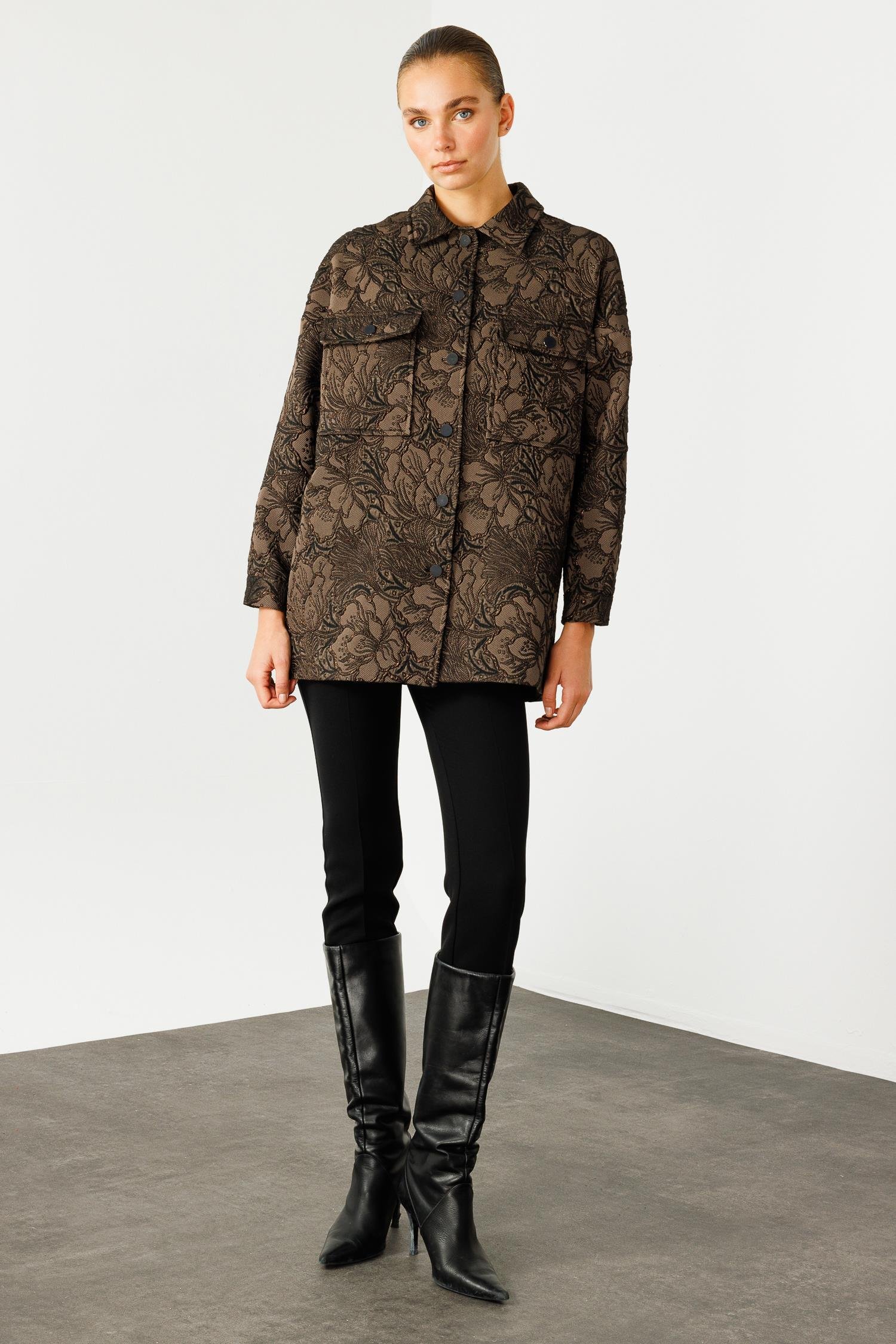 Modailgi  Şömiziye Yaka Oversize Jakarlı Mont Kahve