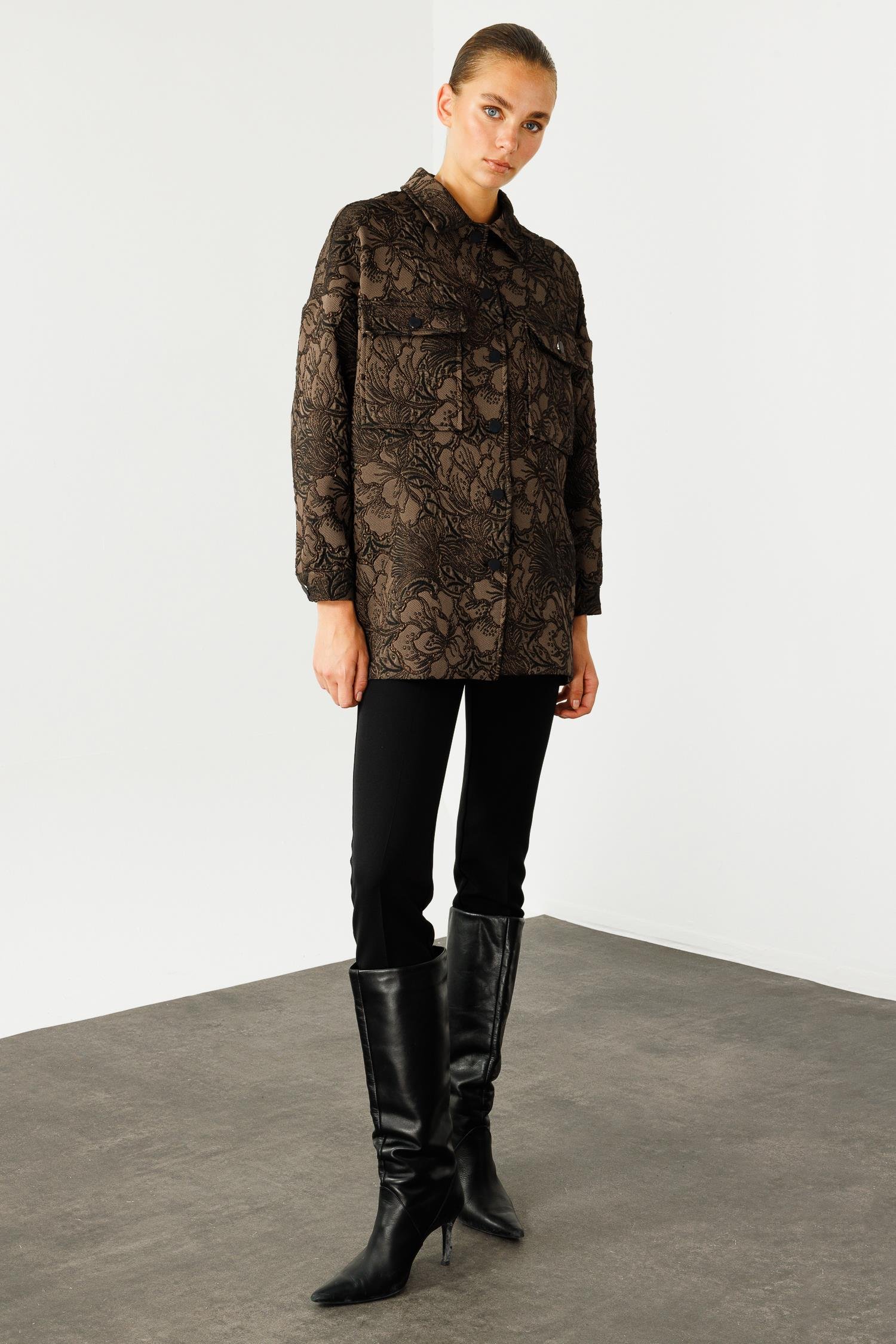 Modailgi  Şömiziye Yaka Oversize Jakarlı Mont Kahve