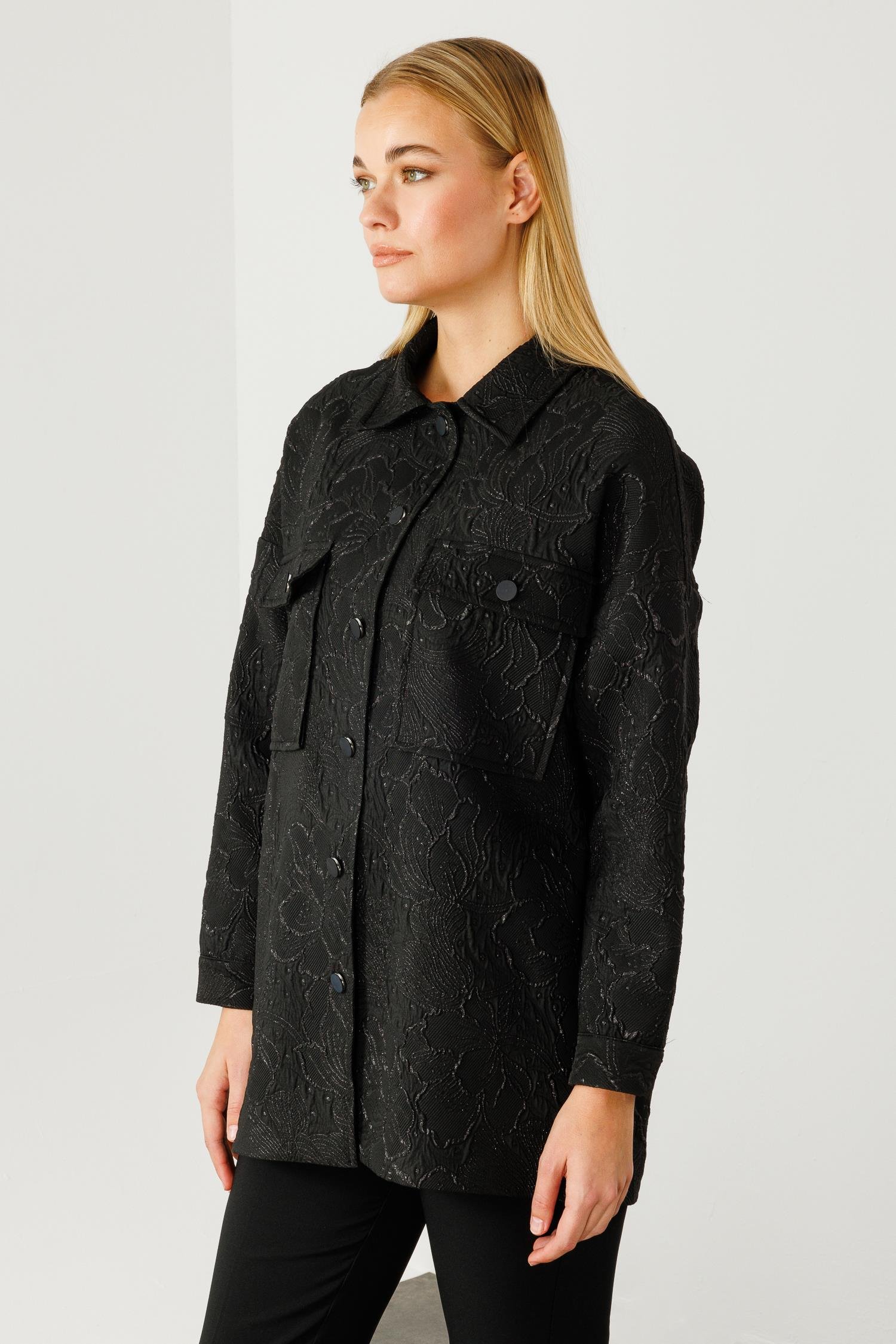 Modailgi  Şömiziye Yaka Oversize Jakarlı Mont Siyah