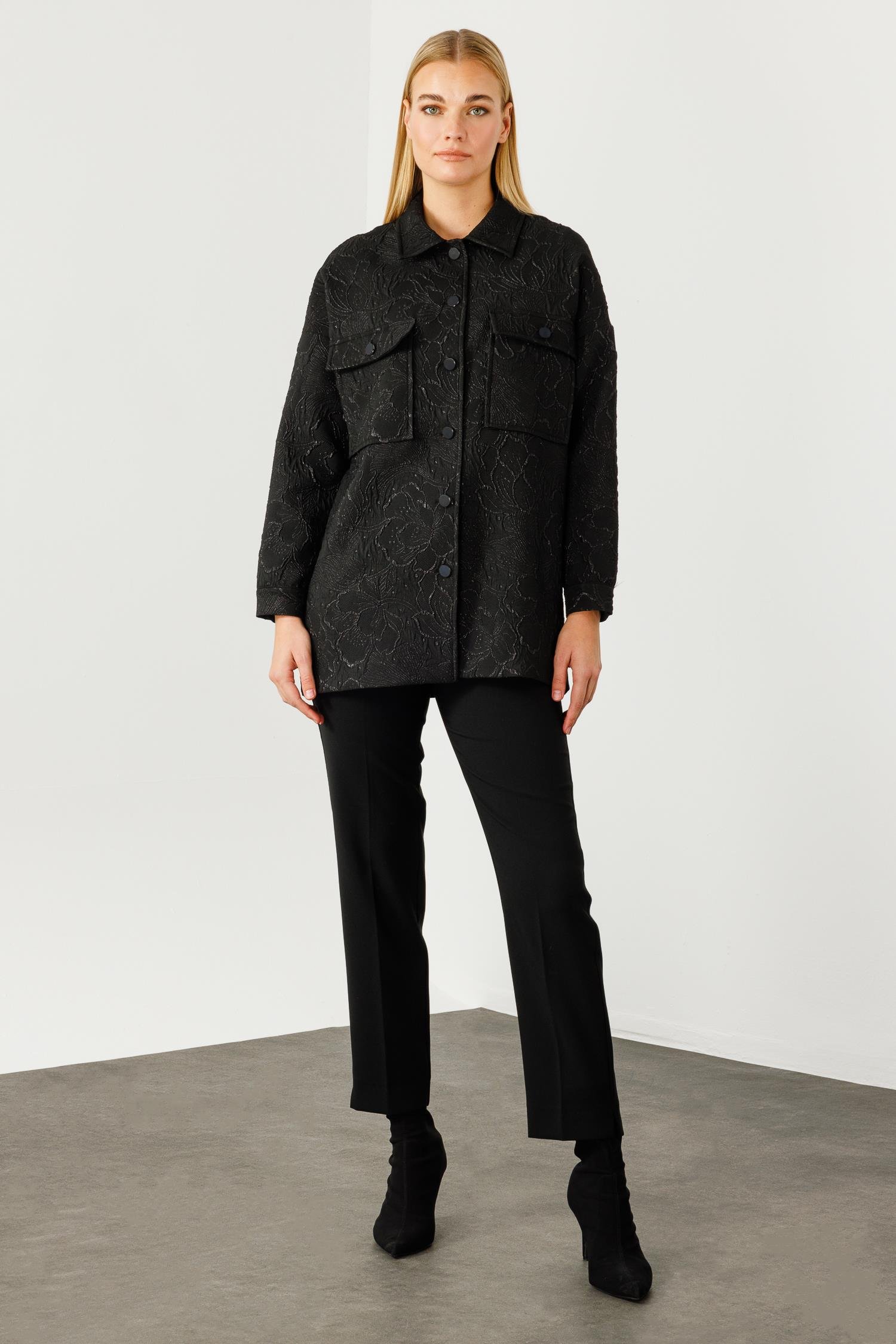 Modailgi  Şömiziye Yaka Oversize Jakarlı Mont Siyah