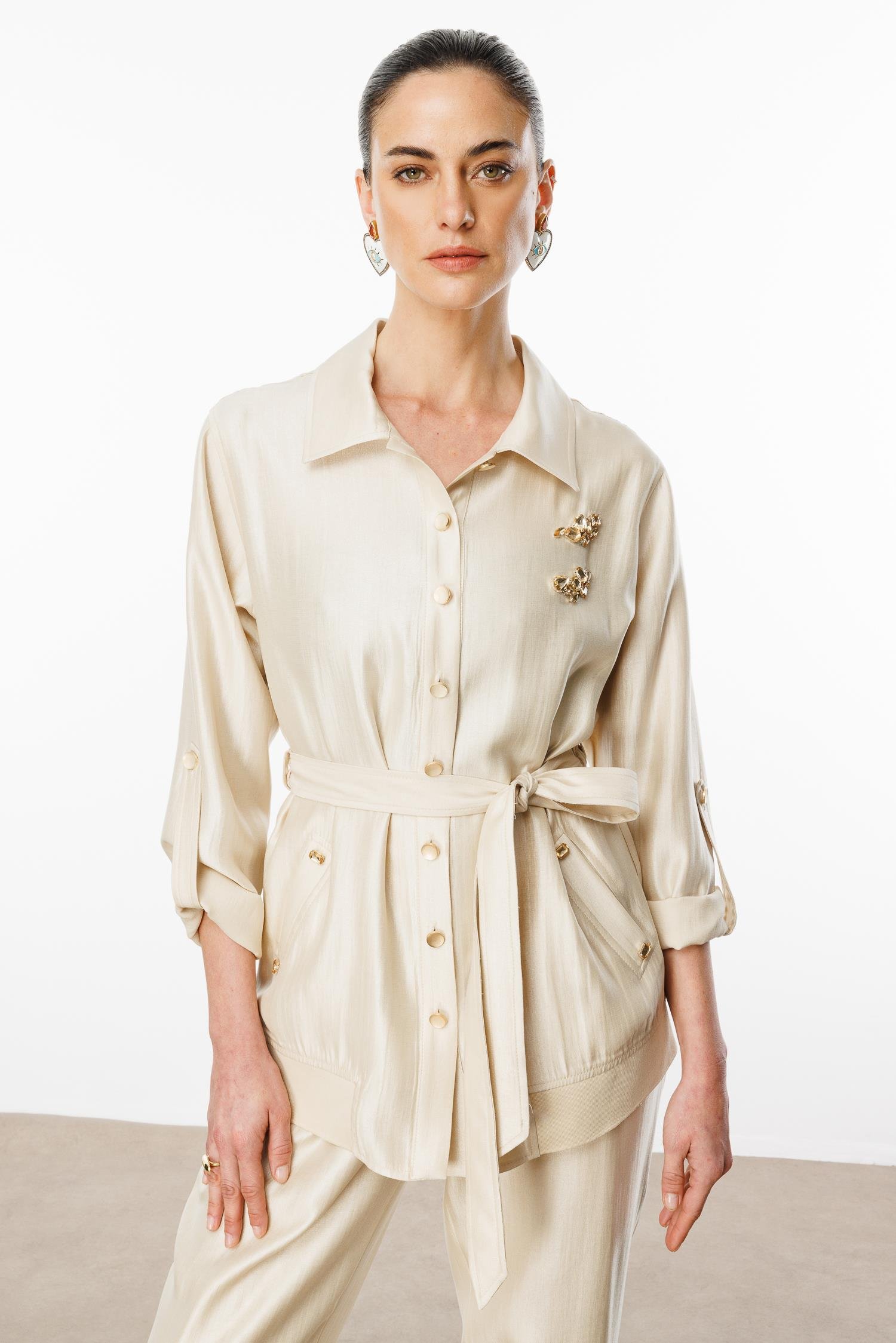 Modailgi  Şömziye Yaka Lastikli Kuşak Detaylı İşlemeli Tunik Bej