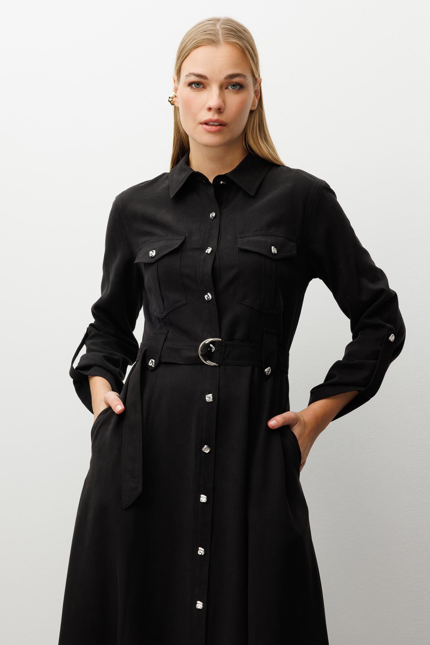 Modailgi  Spor Dikiş Detaylı Belde Kuşaklı Apoletli Midi Boy Gömlek Elbise Siyah