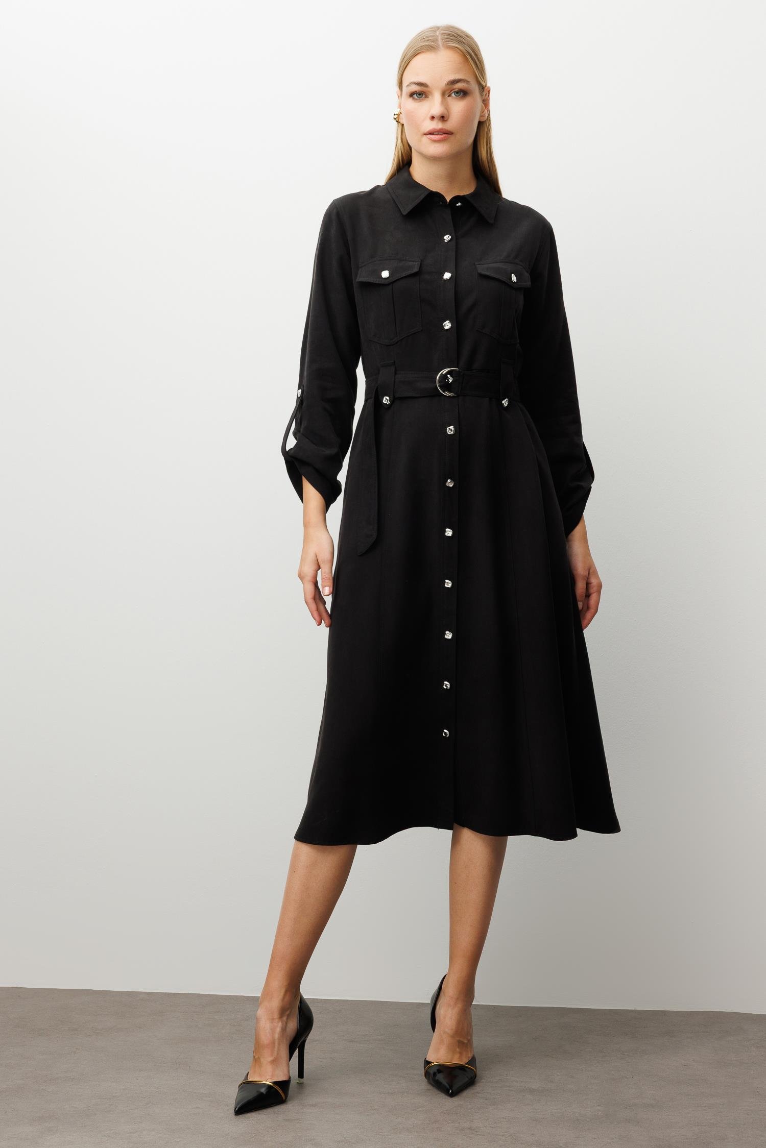 Modailgi  Spor Dikiş Detaylı Belde Kuşaklı Apoletli Midi Boy Gömlek Elbise Siyah