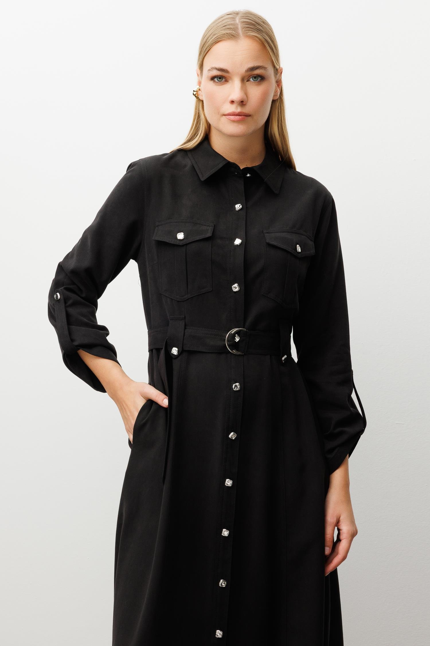 Modailgi  Spor Dikiş Detaylı Belde Kuşaklı Apoletli Midi Boy Gömlek Elbise Siyah